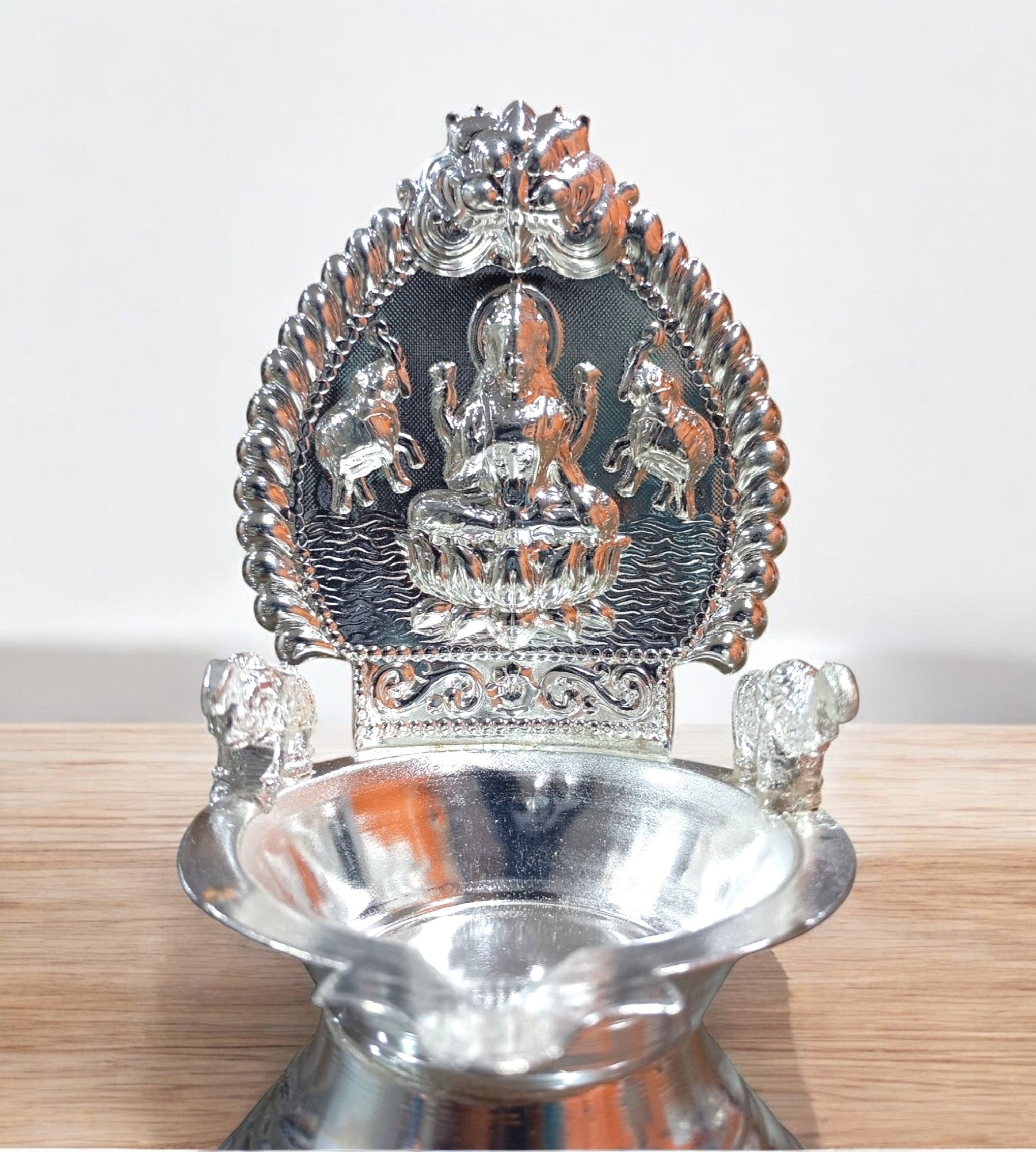 Sigaram 5.5 Inch German Silver Kamakshi Diya / Gaja Lakshmi Diya for Home Pooja K4658