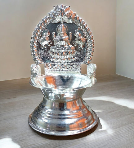 Sigaram 5.5 Inch German Silver Kamakshi Diya / Gaja Lakshmi Diya for Home Pooja K4658