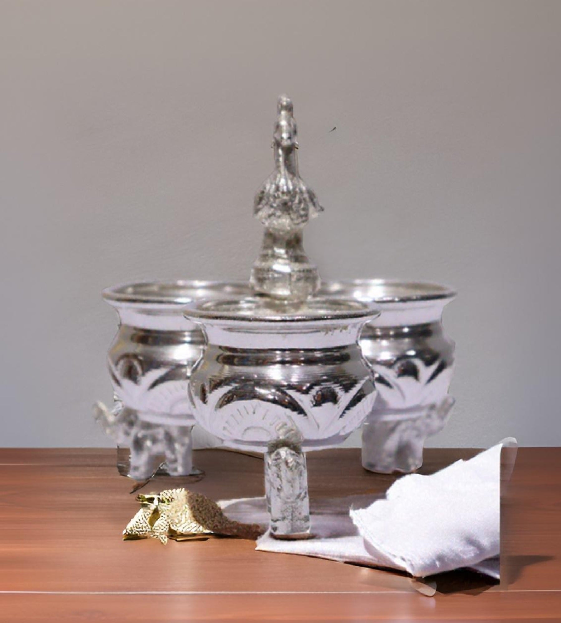 Sigaram Brass 4x4 Inch 3 Cup Panchwala Kum Kum Cup with leg For Home Pooja Decore K4672