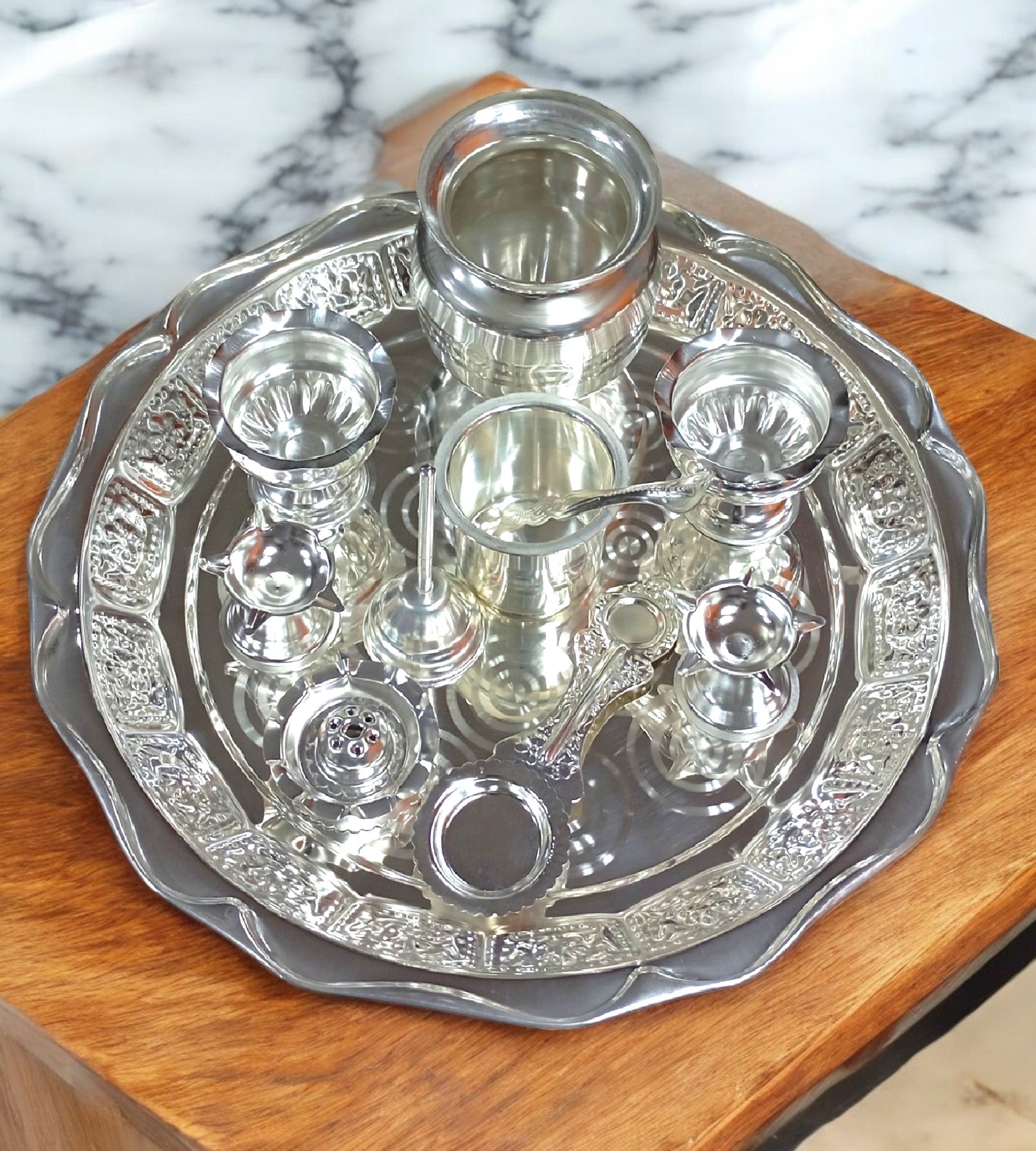 Sigaram Silver Plated Pooja Thali Arathi Set for Home Temple Pooja Festival K4709