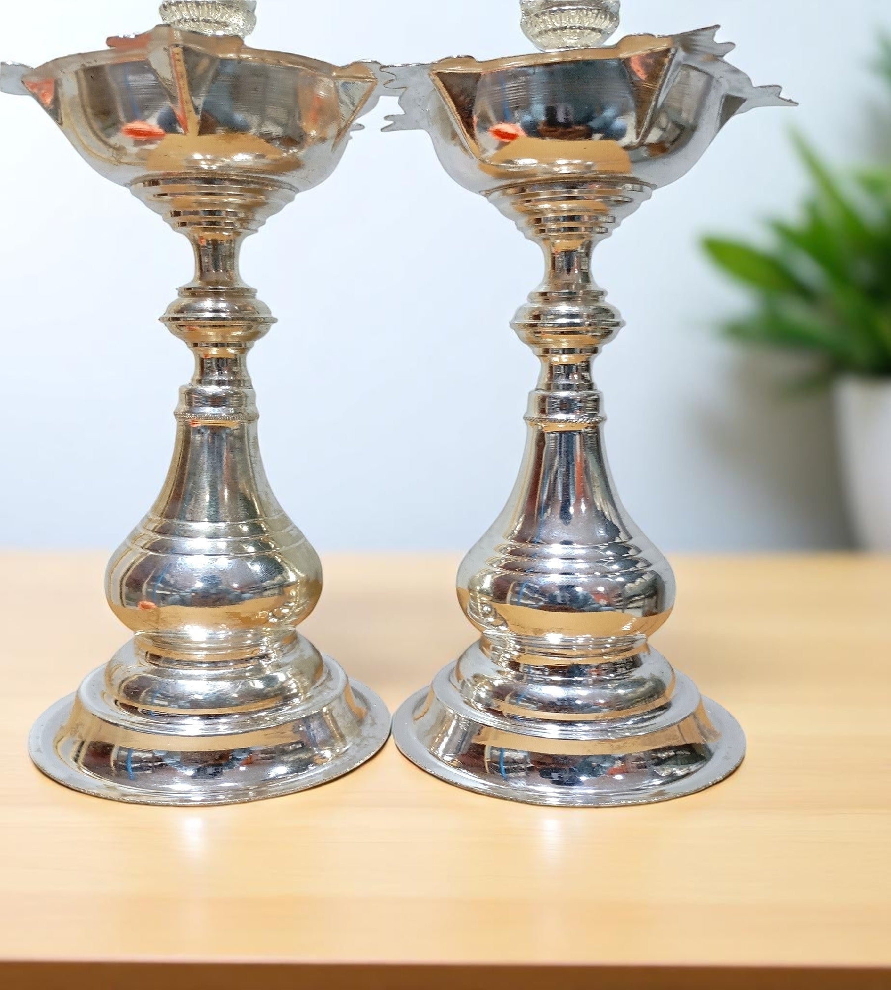 Sigaram German Silver 10 Inch Peacock Handle Plain Diya for Home Pooja Décor K4732