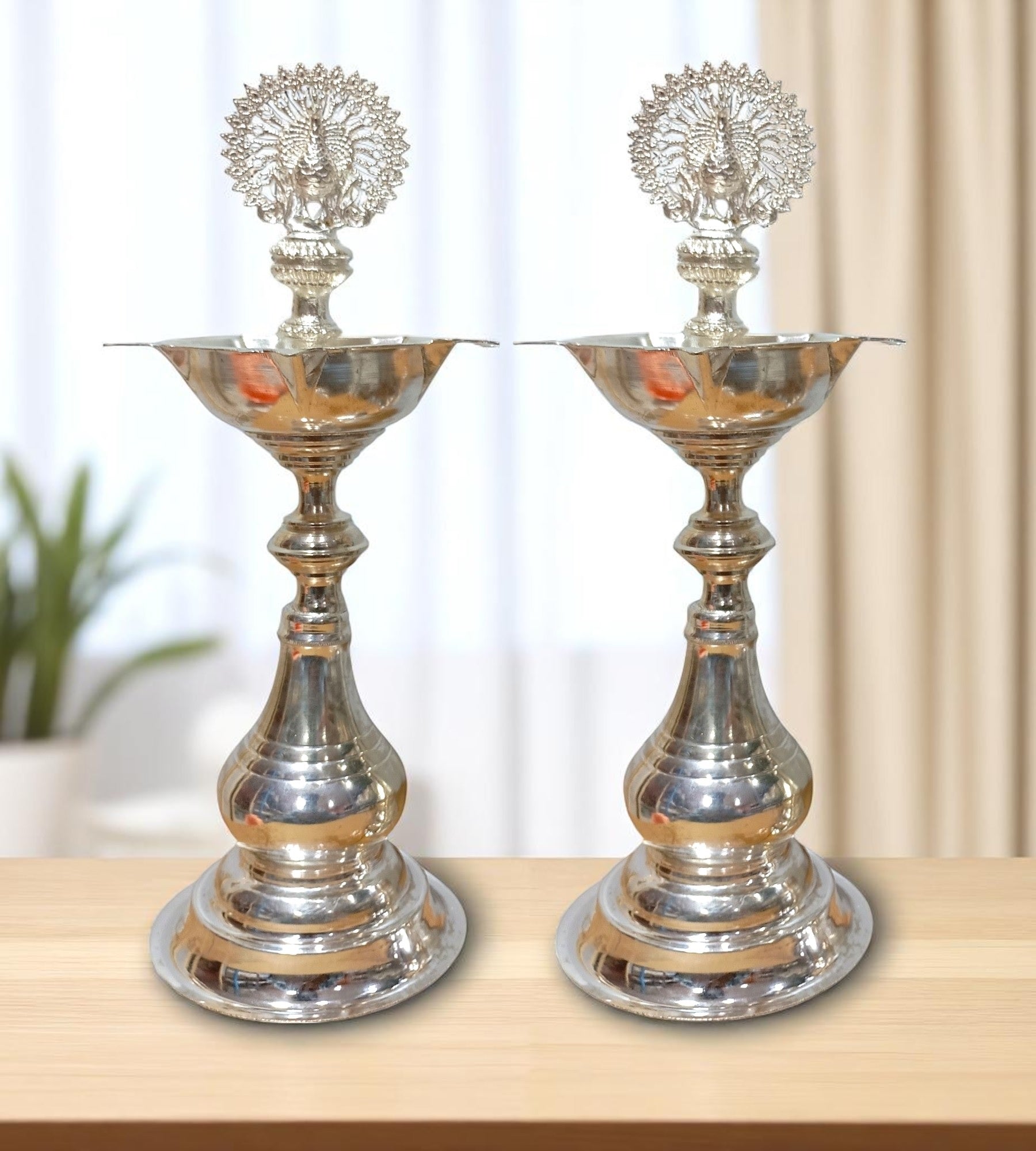 Sigaram German Silver 10 Inch Peacock Handle Plain Diya for Home Pooja Décor K4732