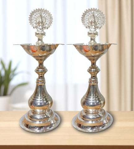 Sigaram German Silver 10 Inch Peacock Handle Plain Diya for Home Pooja Décor K4732