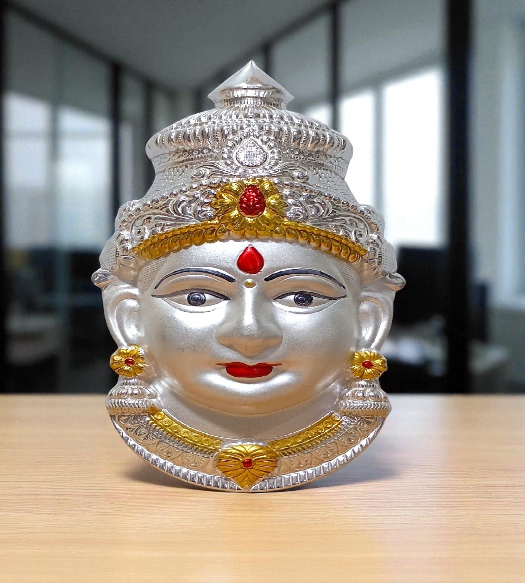 Sigaram 7.5 Inch Silver Plated Matte Face Mukoot for Home Pooja Festival K4734
