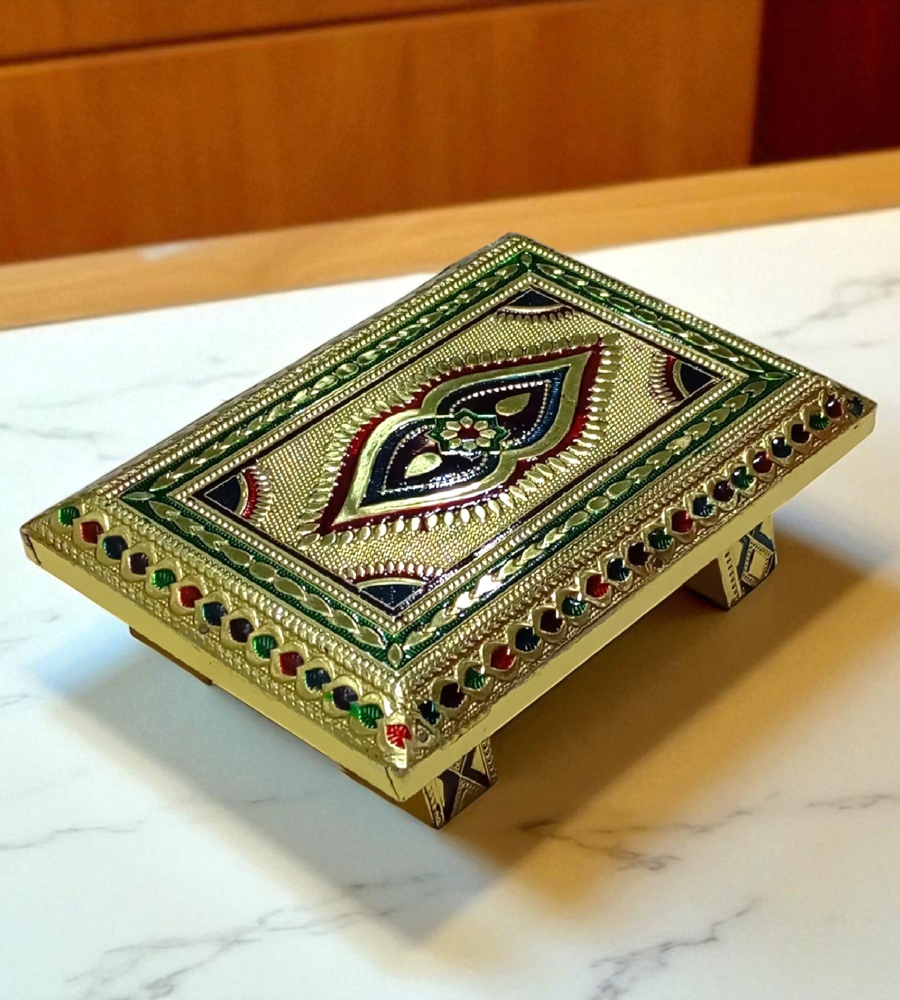 Sigaram 6 Inch Gold Plated Wooden Chowki / Patla for Home Pooja & Festival Decor K4741