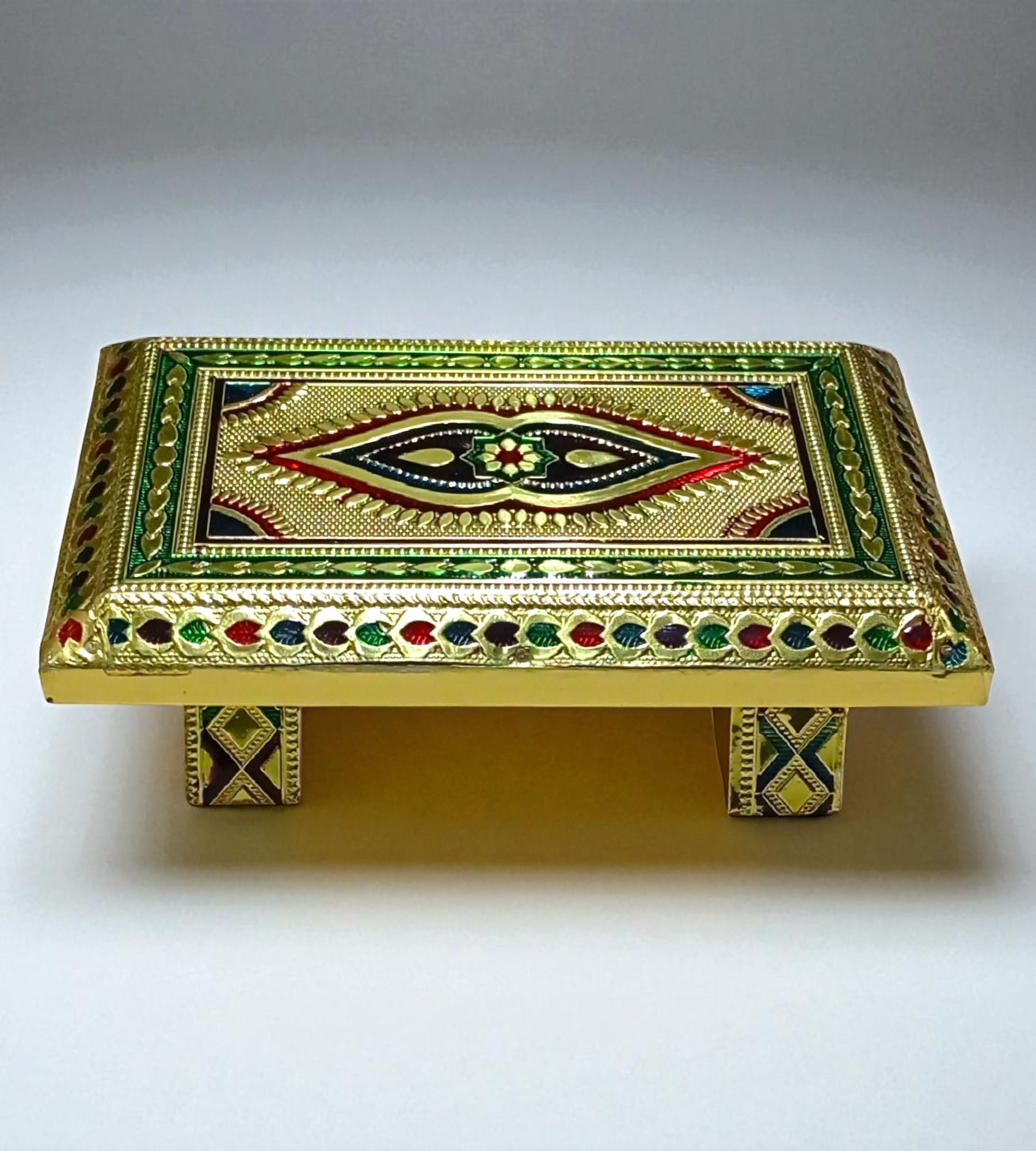 Sigaram 6 Inch Gold Plated Wooden Chowki / Patla for Home Pooja & Festival Decor K4741