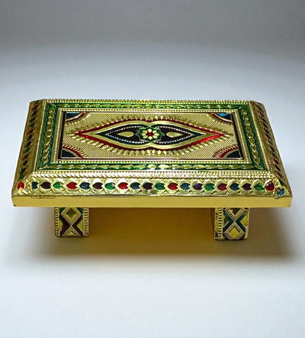 Sigaram 6 Inch Gold Plated Wooden Chowki / Patla for Home Pooja & Festival Decor K4741