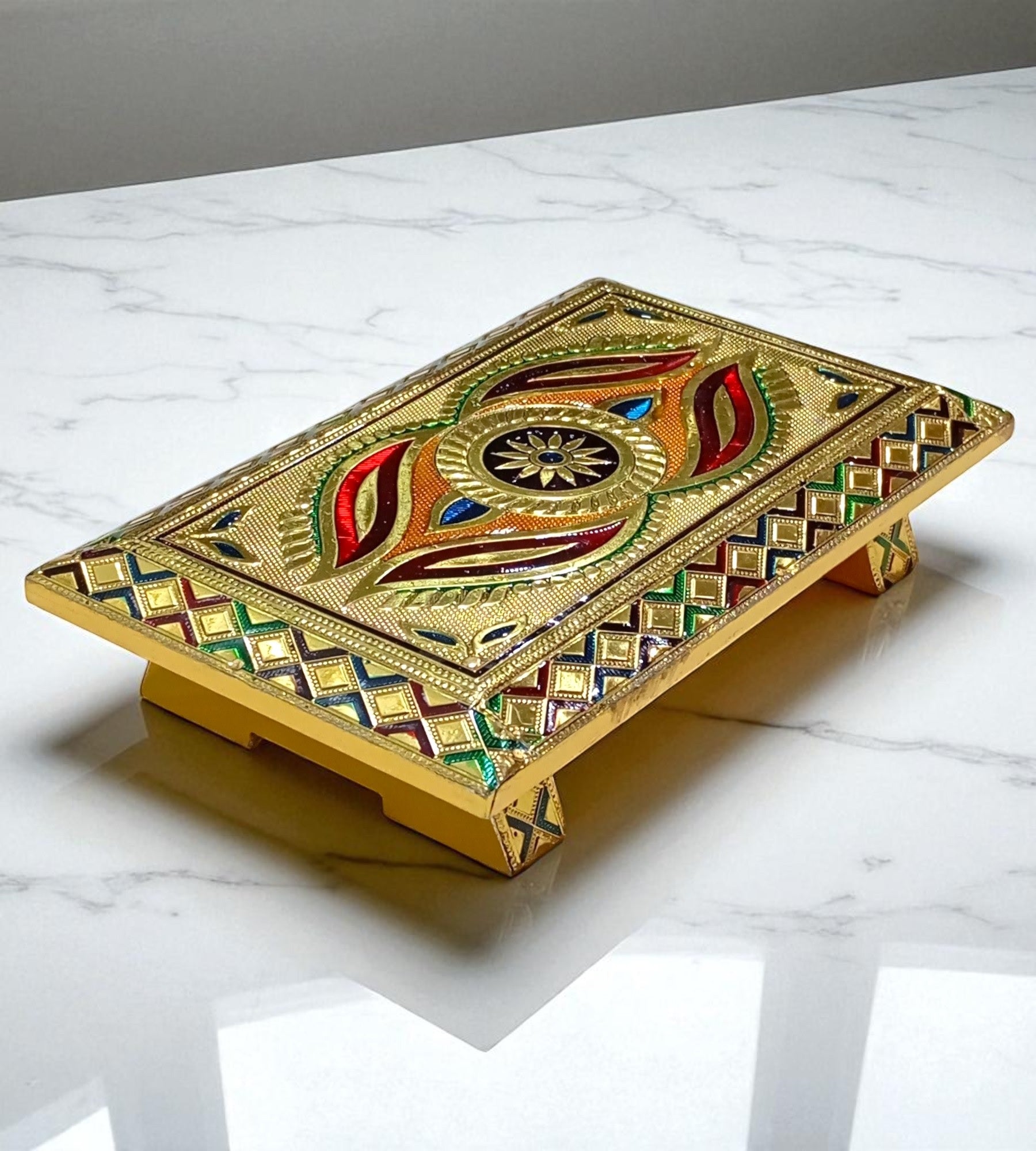 Sigaram 8 Inch Gold Plated Wooden Chowki / Patla for Home Pooja, Temple, Festivals K4742