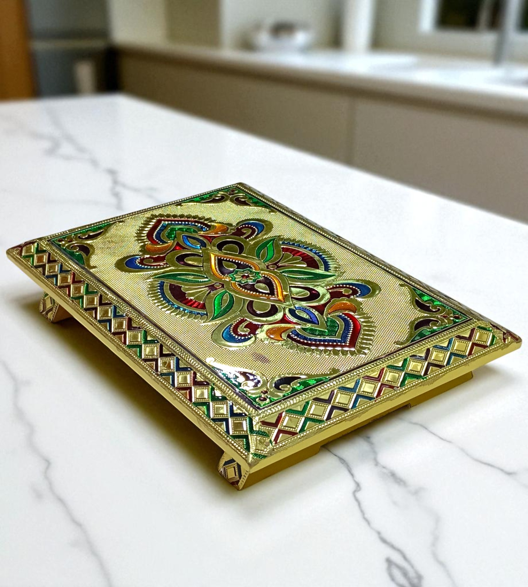 Sigaram 10 Inch Gold Plated Wooden Chowki / Patla for Home Pooja Temple Festival K4743