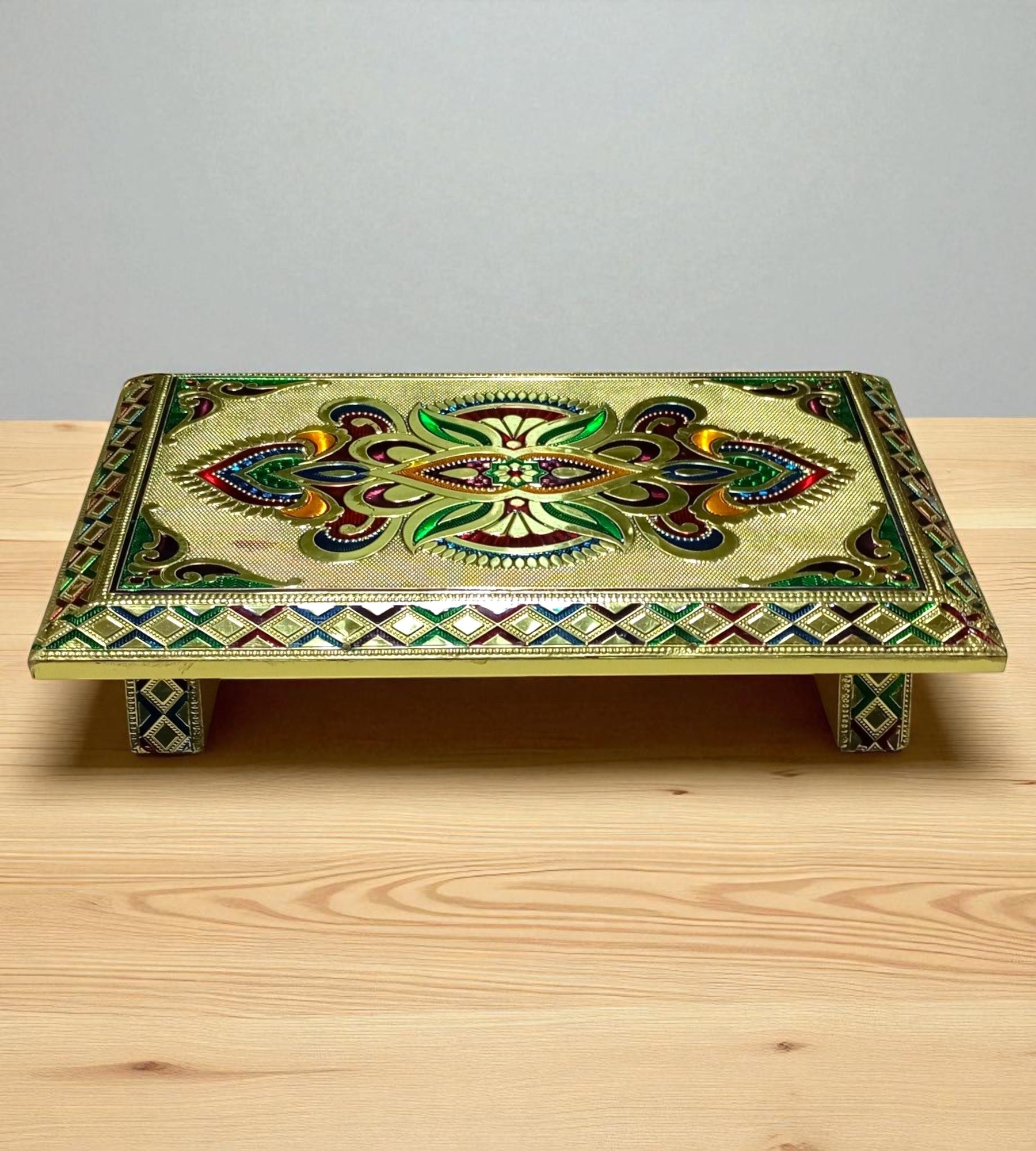 Sigaram 10 Inch Gold Plated Wooden Chowki / Patla for Home Pooja Temple Festival K4743