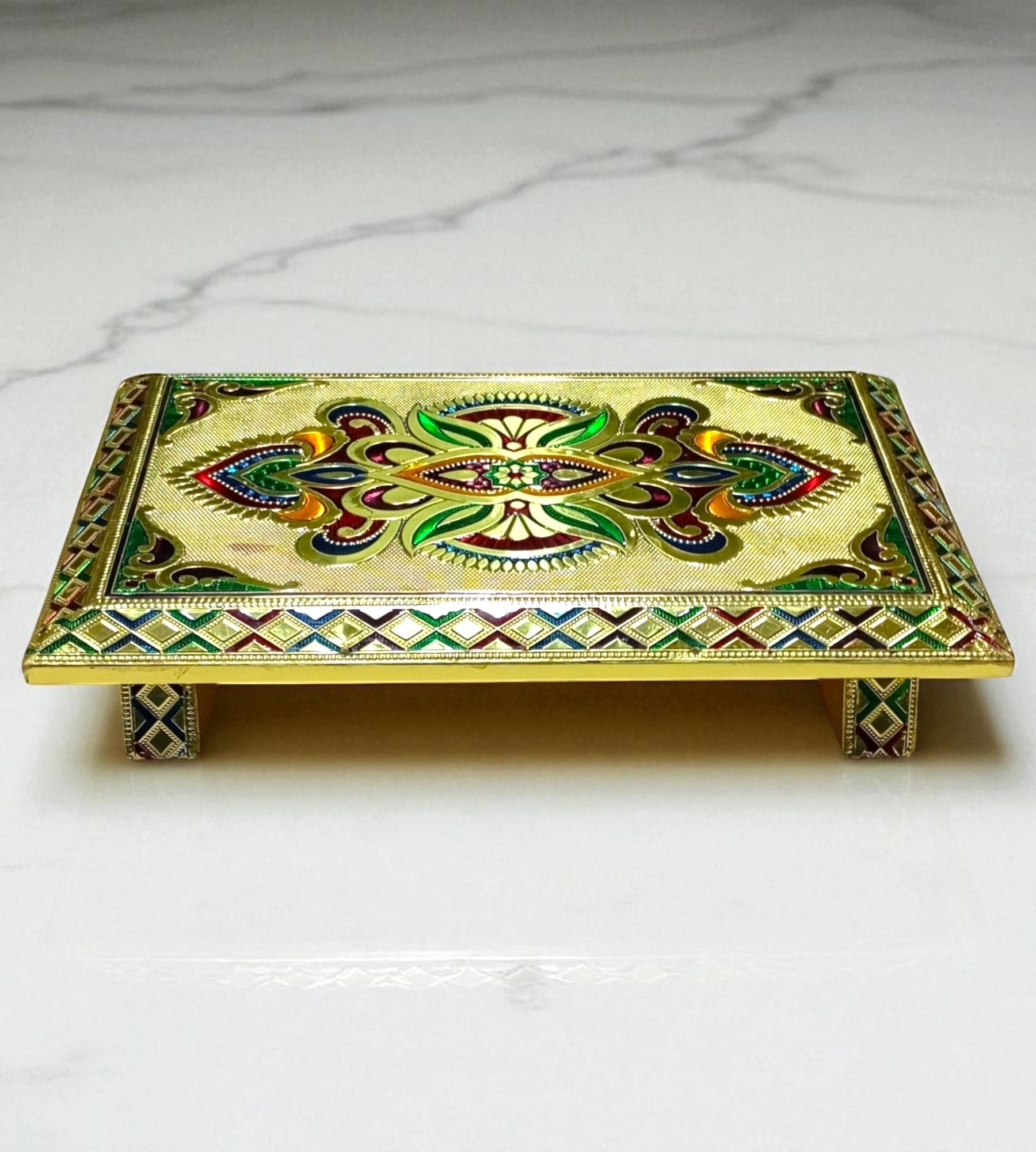 Sigaram 12 Inch Gold Plated Wooden Chowki/Patla for Home Pooja, Temple Festivals K4744