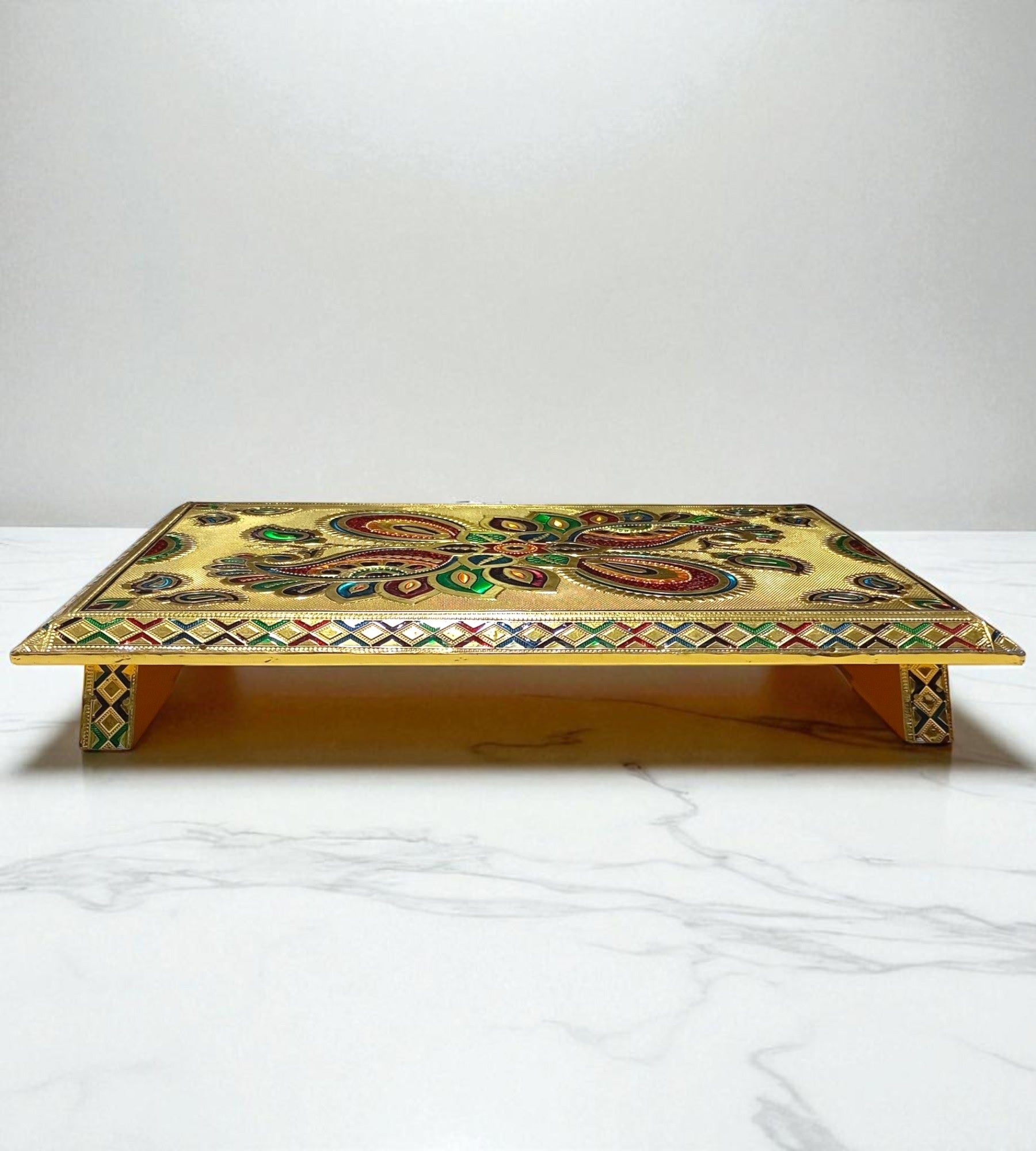 Sigaram 15 Inch Gold Plated Wooden Chowki/Patla for Home Pooja, Temple Festival K4745