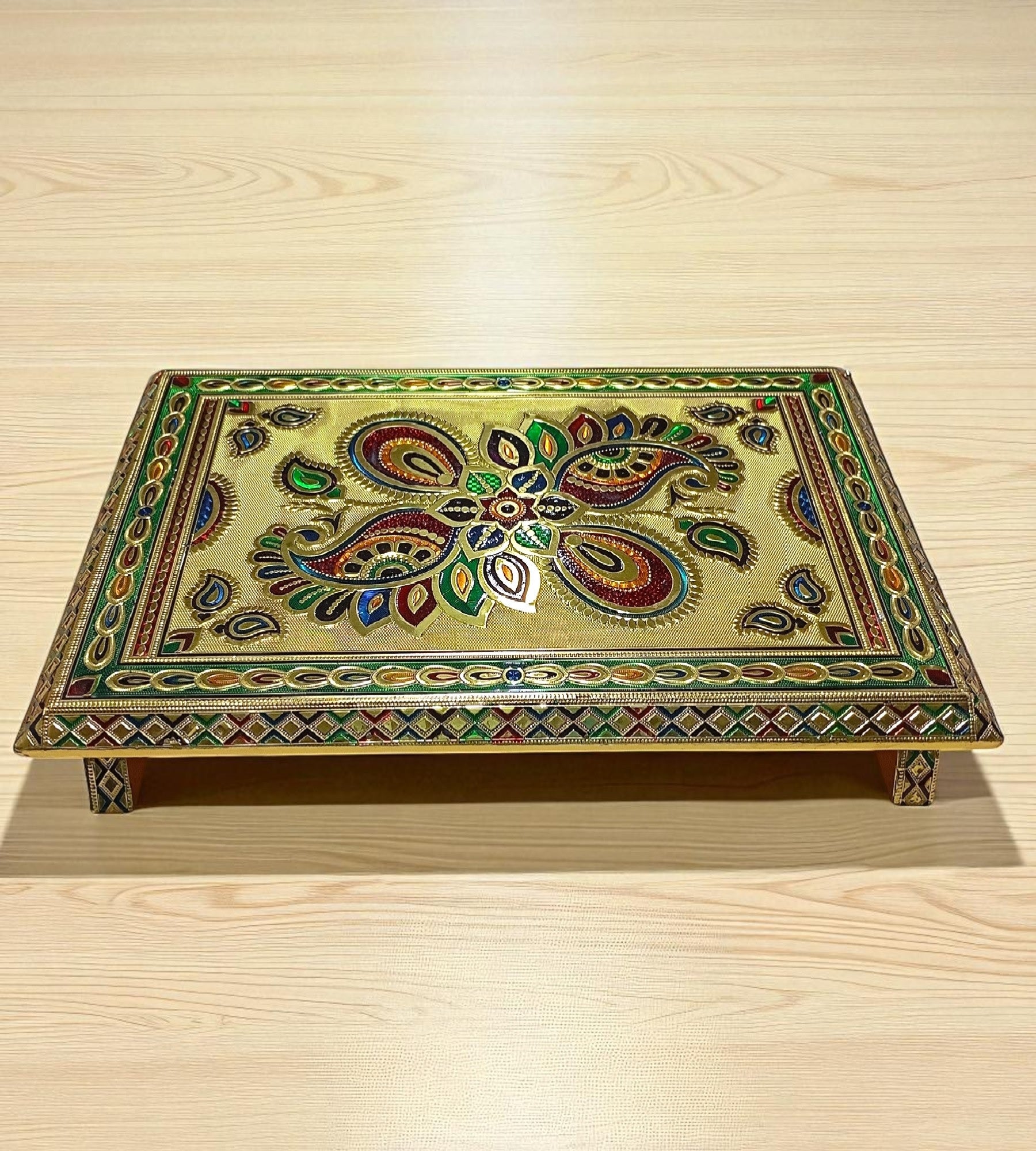 Sigaram 18 Inch Gold Plated Wooden Chowki/Patla for Home & Temple Pooja Décor K4746