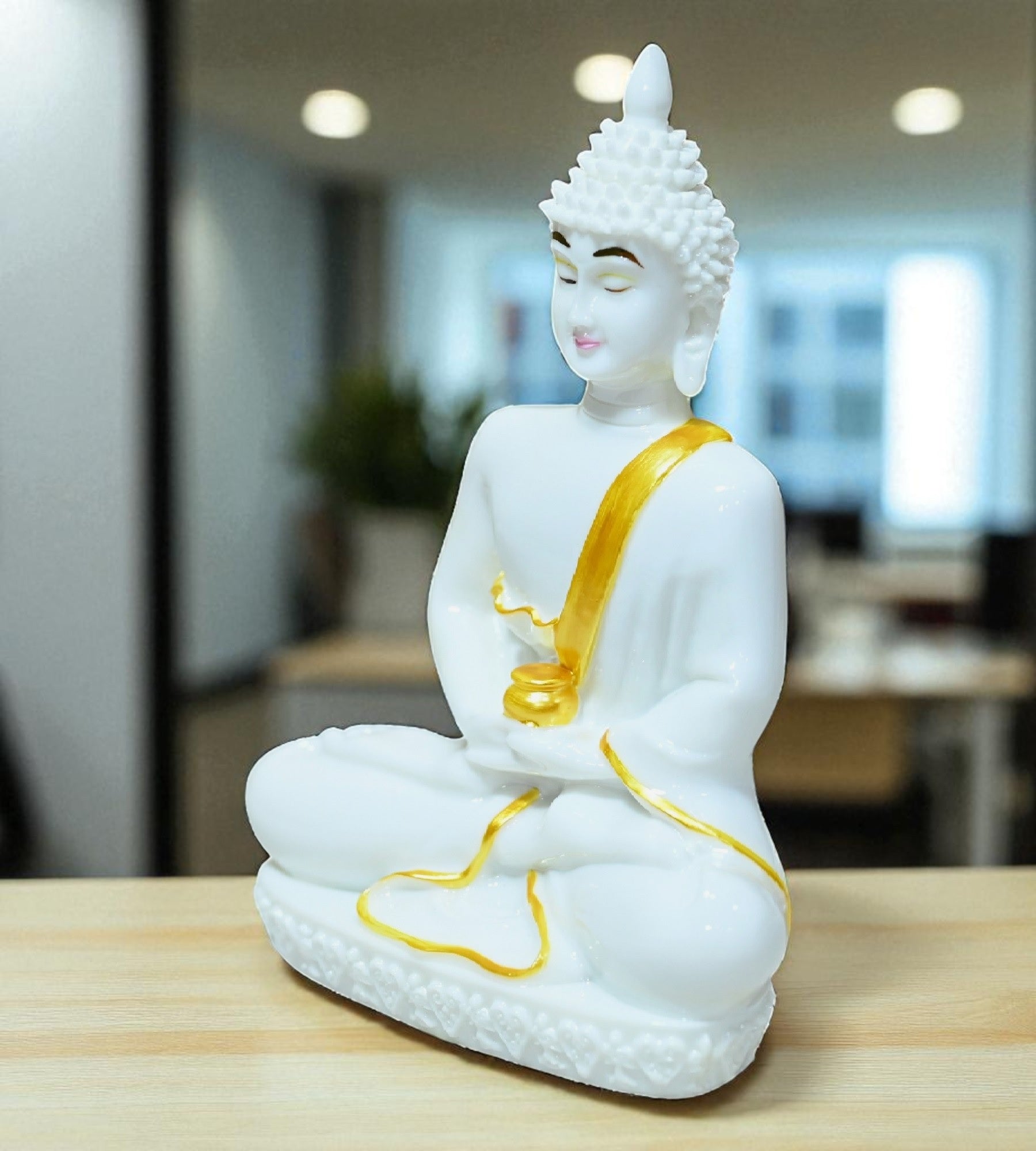 Sigaram 6.5 Inch White Marble Meditating Buddha for Home Decor Idol Statue Figurine Murti Tibetan Buddhist Showpiece K4761