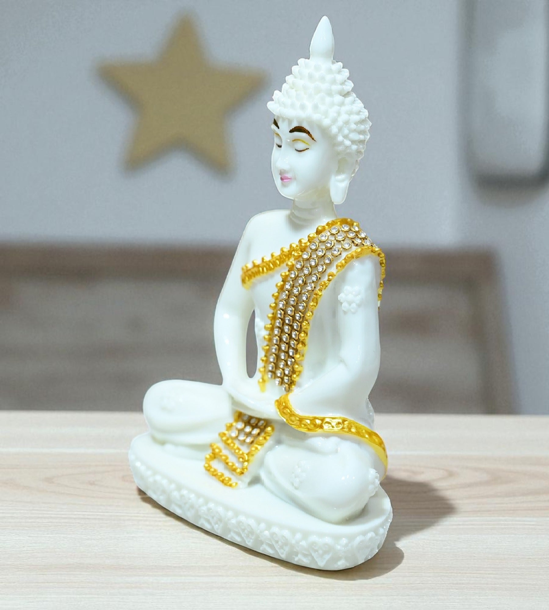 Sigaram 6.5 Inch White Marble Buddha Idol with Gold Stone Shalya For Home Decorative Showpiece K4762