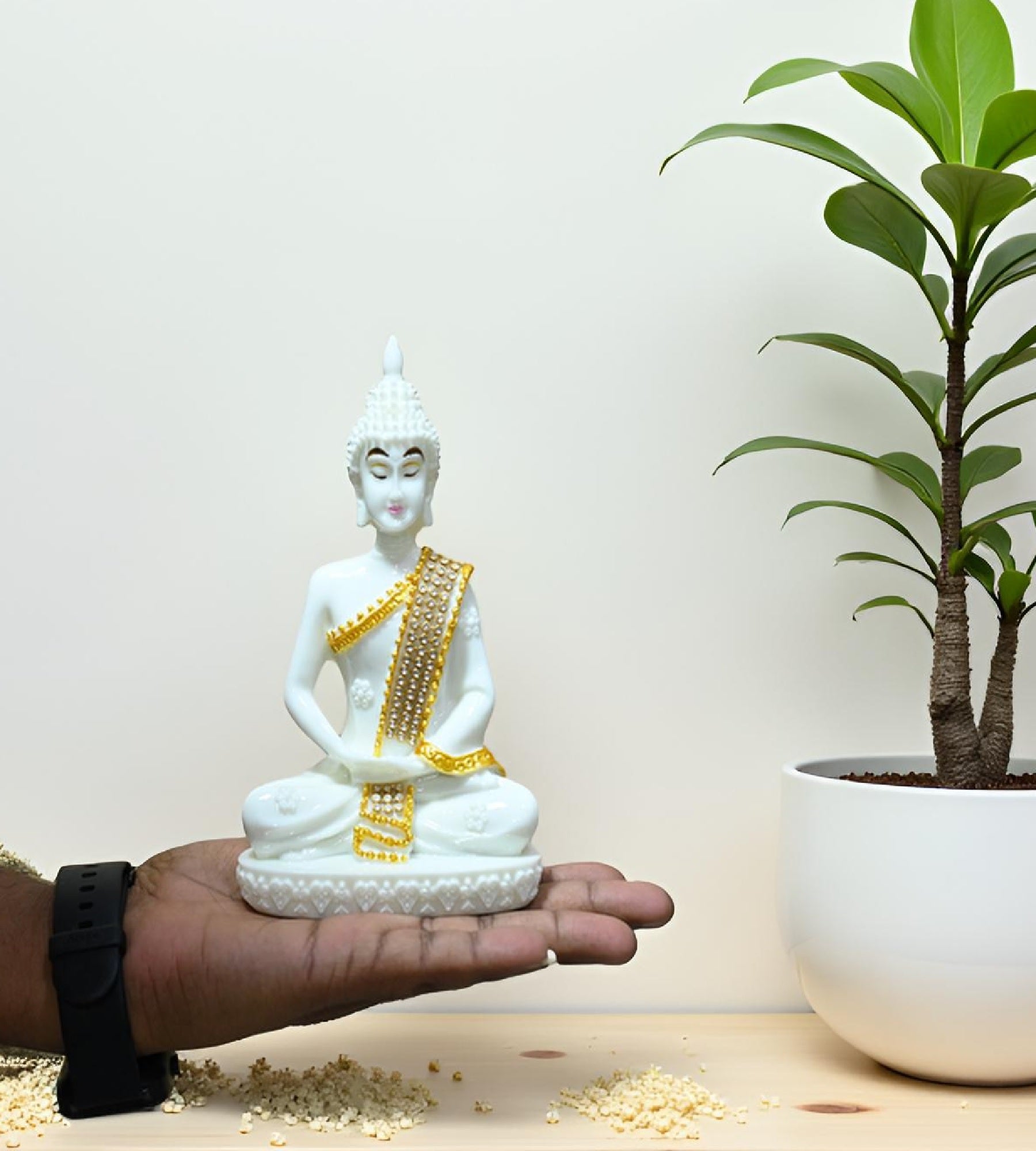 Sigaram 6.5 Inch White Marble Buddha Idol with Gold Stone Shalya For Home Decorative Showpiece K4762