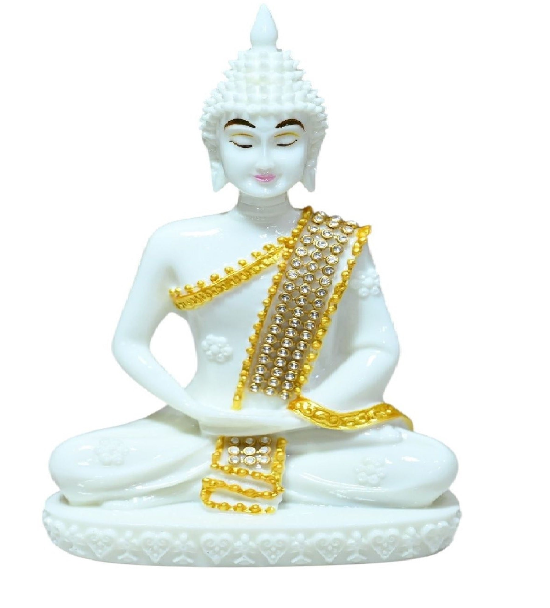 Sigaram 6.5 Inch White Marble Buddha Idol with Gold Stone Shalya For Home Decorative Showpiece K4762
