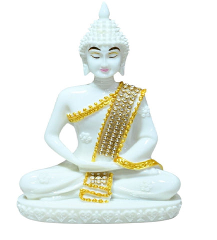 Sigaram 6.5 Inch White Marble Buddha Idol with Gold Stone Shalya For Home Decorative Showpiece K4762