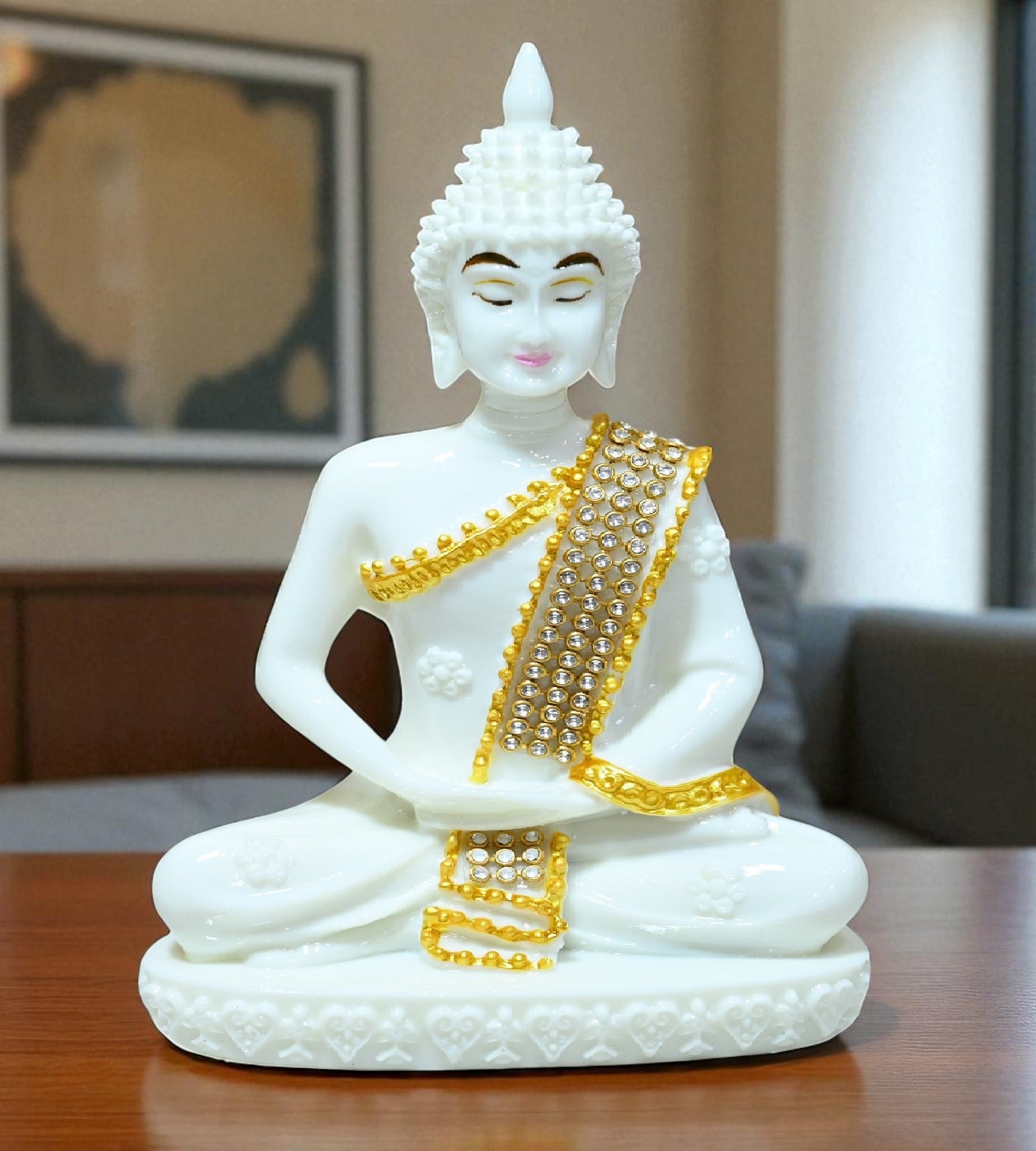 Sigaram 6.5 Inch White Marble Buddha Idol with Gold Stone Shalya For Home Decorative Showpiece K4762