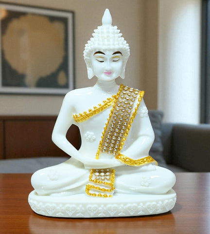 Sigaram 6.5 Inch White Marble Buddha Idol with Gold Stone Shalya For Home Decorative Showpiece K4762
