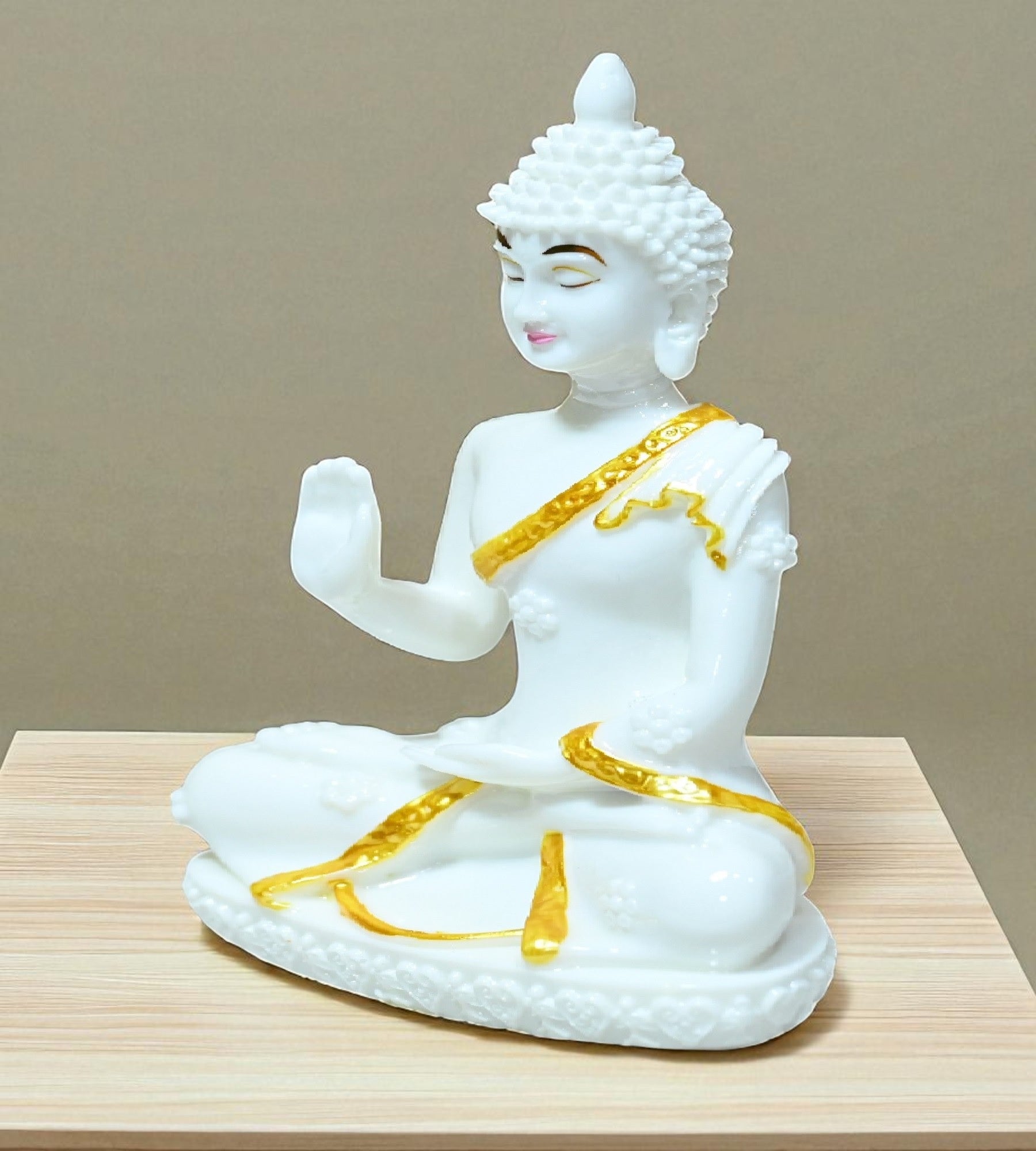 Sigaram 6.5 Inch White Marble Abhaya Hastha Meditating Buddha for Home Decor Idol Statue Figurine Murti Tibetan Buddhist Showpiece K4763