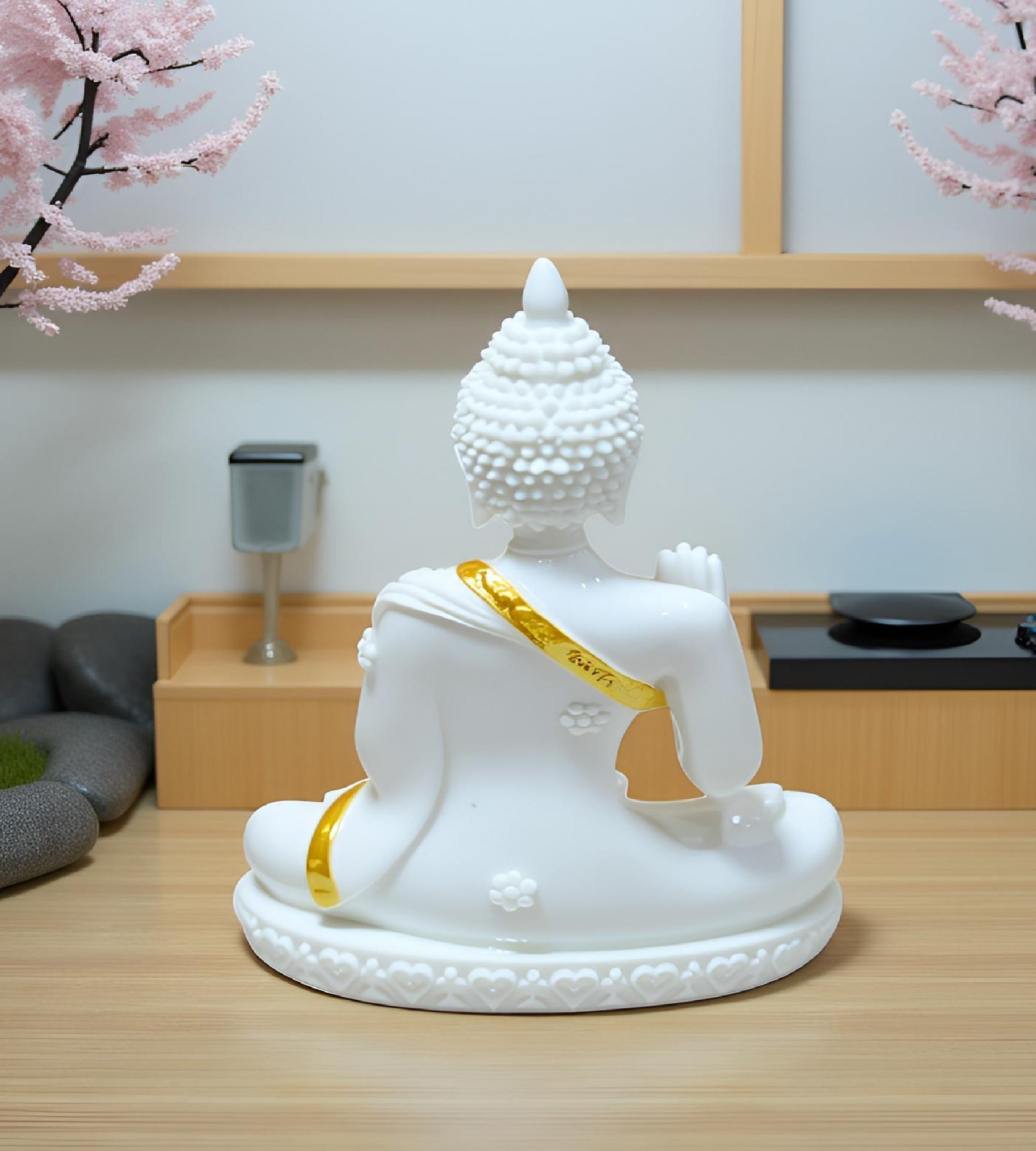 Sigaram 6.5 Inch White Marble Abhaya Hastha Meditating Buddha for Home Decor Idol Statue Figurine Murti Tibetan Buddhist Showpiece K4763