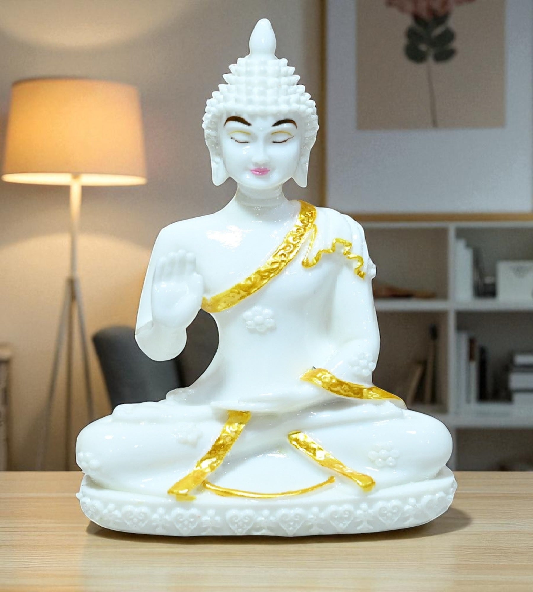 Sigaram 6.5 Inch White Marble Abhaya Hastha Meditating Buddha for Home Decor Idol Statue Figurine Murti Tibetan Buddhist Showpiece K4763