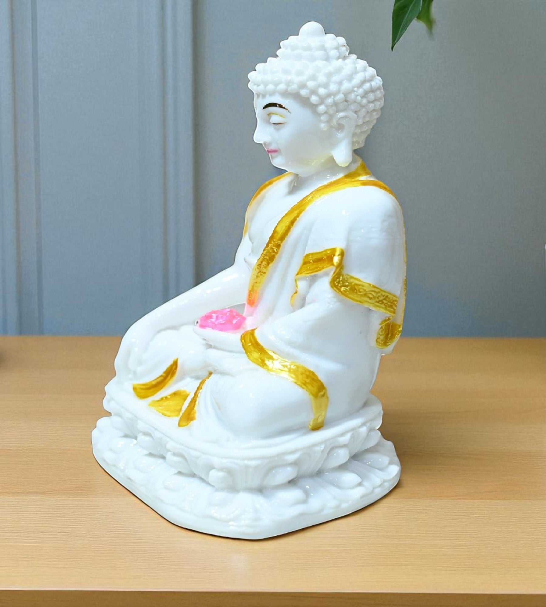 Sigaram 7 Inch White Marble Buddha Idol  with Gold Plain Shalya For Home Decorative Showpiece K4764