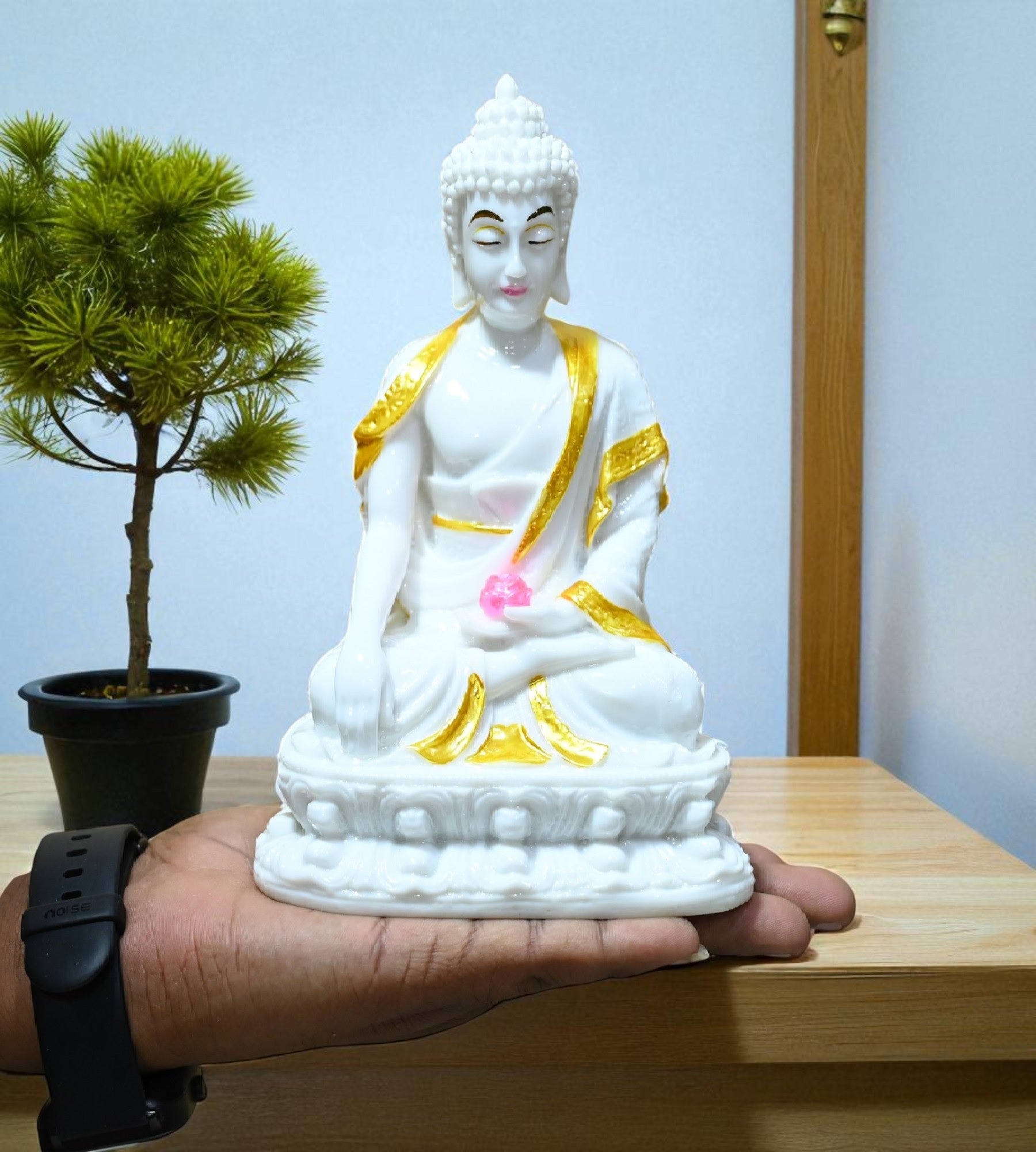 Sigaram 7 Inch White Marble Buddha Idol  with Gold Plain Shalya For Home Decorative Showpiece K4764