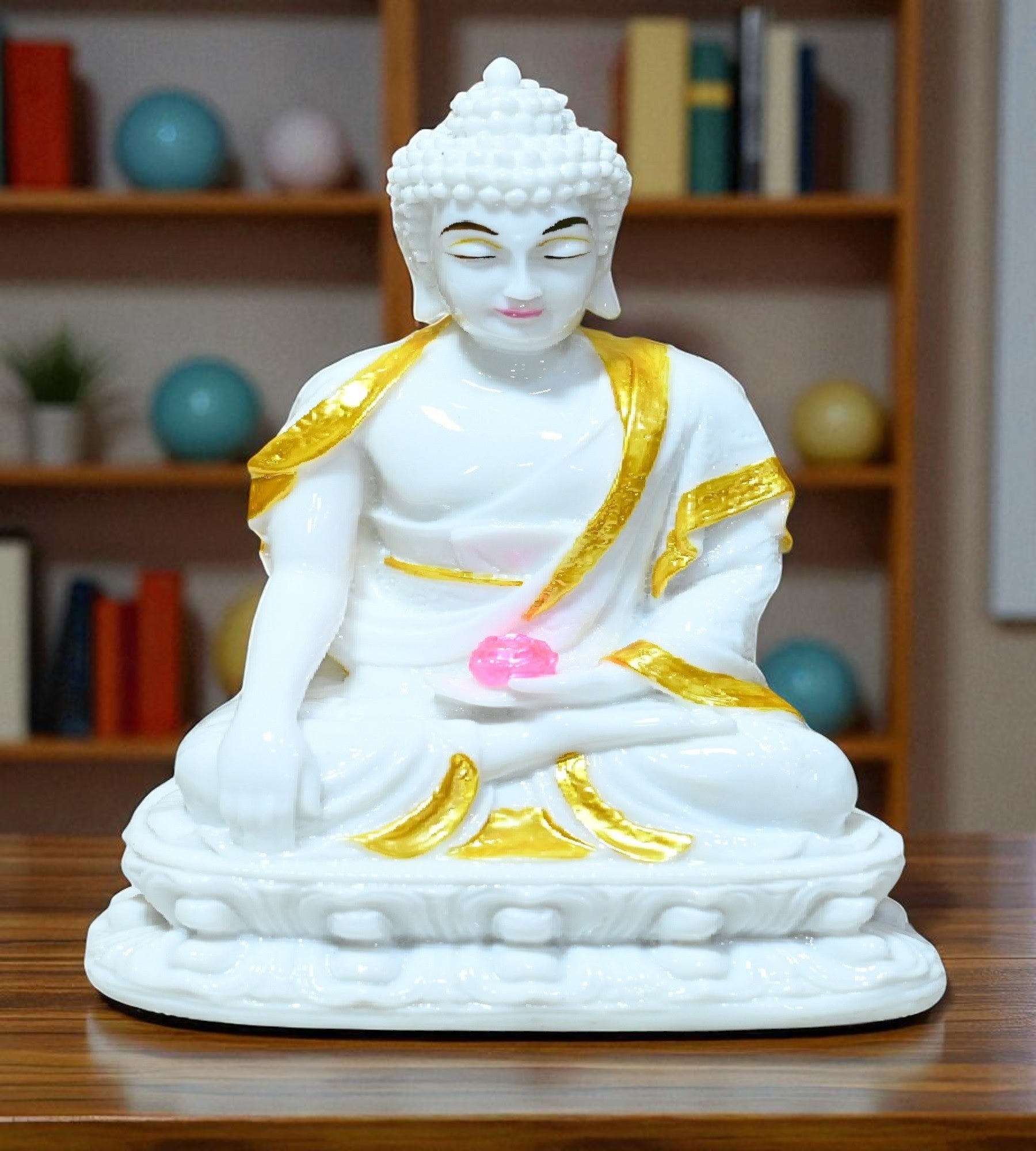 Sigaram 7 Inch White Marble Buddha Idol  with Gold Plain Shalya For Home Decorative Showpiece K4764
