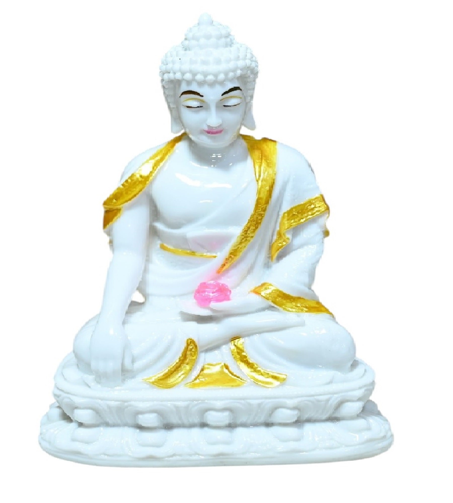 Sigaram 7 Inch White Marble Buddha Idol  with Gold Plain Shalya For Home Decorative Showpiece K4764