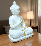 Sigaram 9 Inch White Marble Buddha Idol with White Stone Shalya For Home Decorative Showpiece  K4765