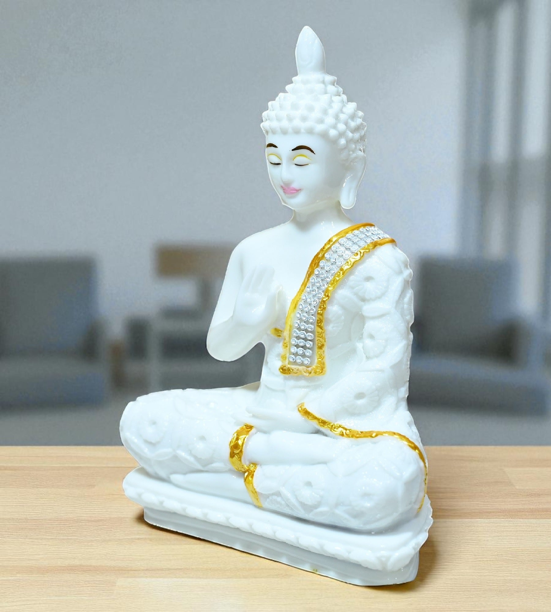Sigaram 9 Inch White Marble Buddha Idol with White Stone Shalya For Home Decorative Showpiece  K4765