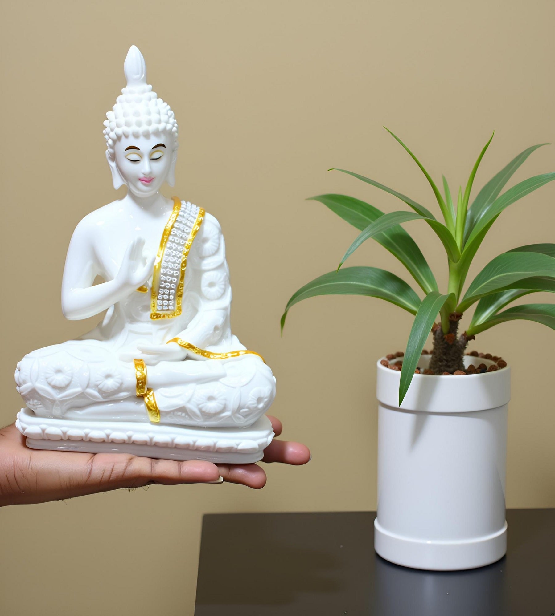 Sigaram 9 Inch White Marble Buddha Idol with White Stone Shalya For Home Decorative Showpiece  K4765