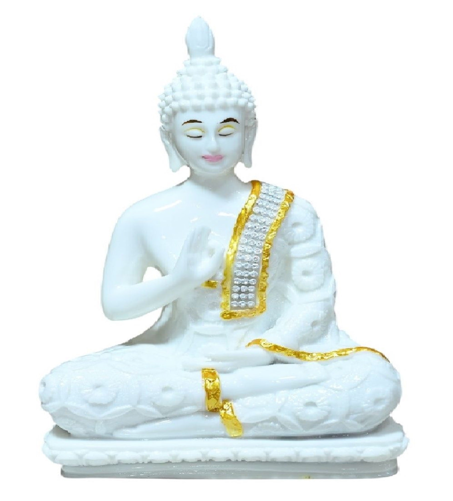 Sigaram 9 Inch White Marble Buddha Idol with White Stone Shalya For Home Decorative Showpiece  K4765
