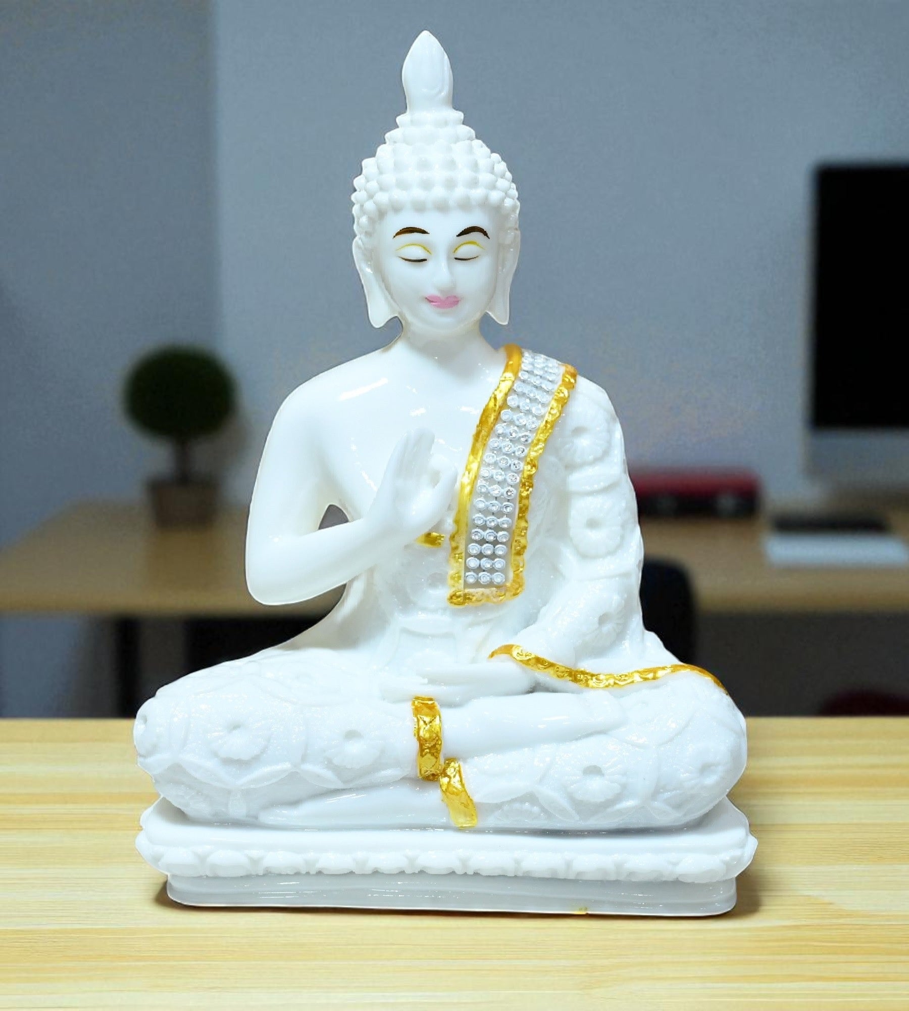 Sigaram 9 Inch White Marble Buddha Idol with White Stone Shalya For Home Decorative Showpiece  K4765