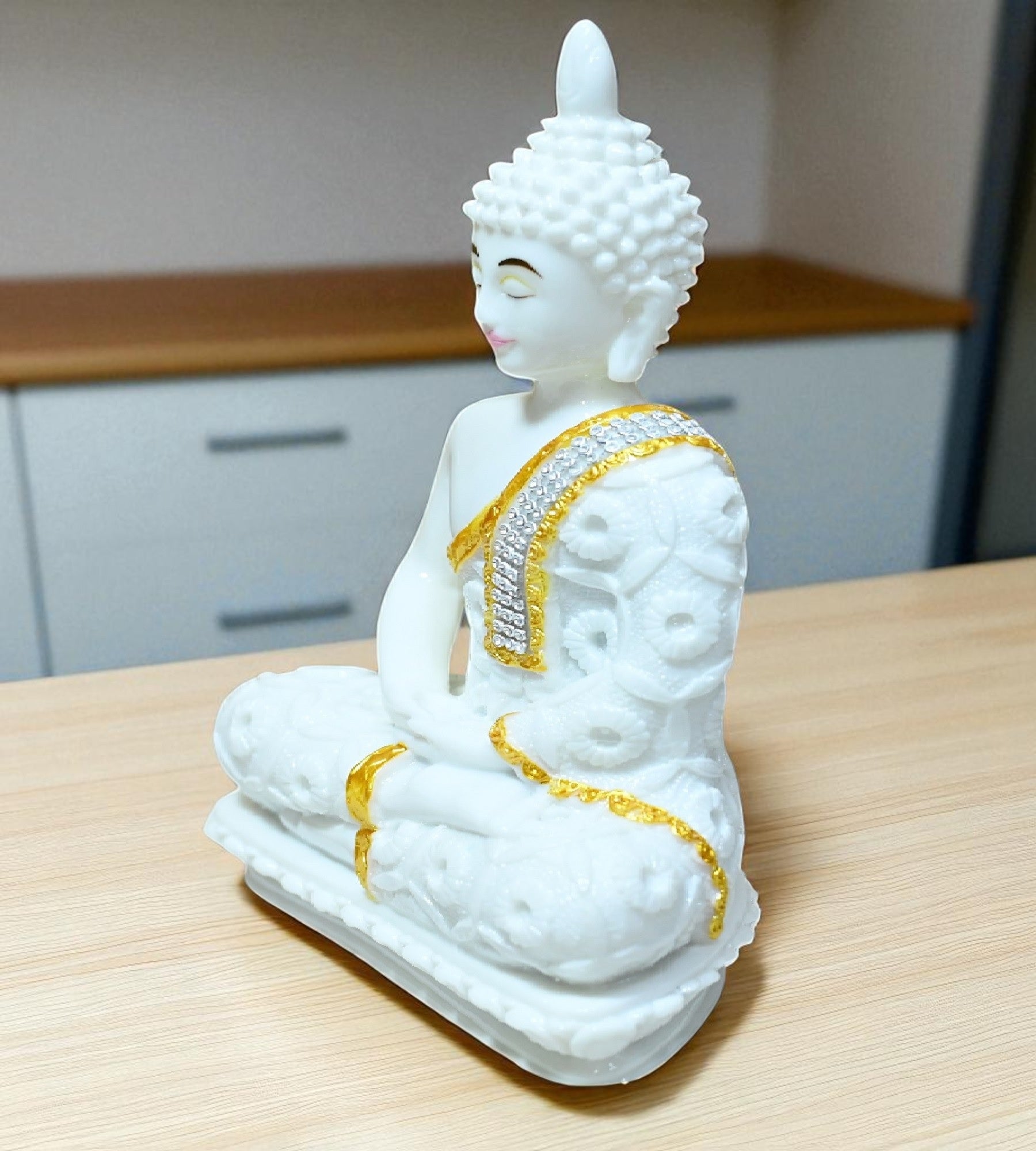 Sigaram 9 Inch White Marble Buddha Idol with White Stone Shalya For For Home Decoretive Showpiece K4766