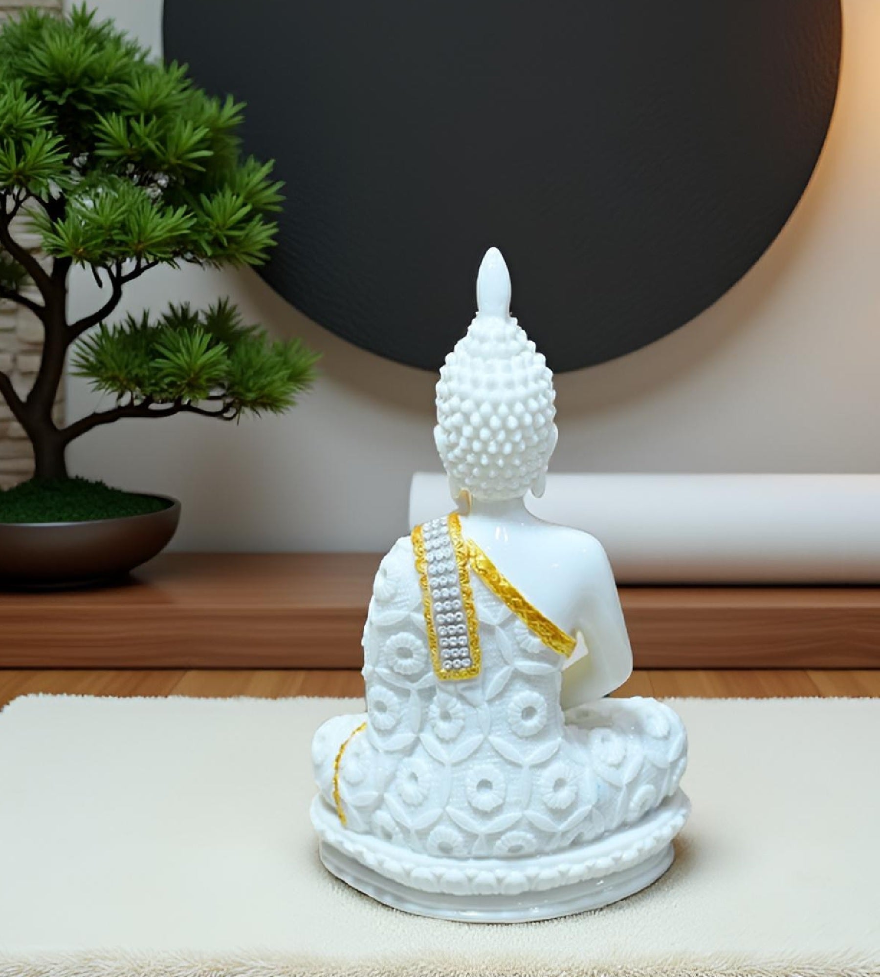 Sigaram 9 Inch White Marble Buddha Idol with White Stone Shalya For For Home Decoretive Showpiece K4766