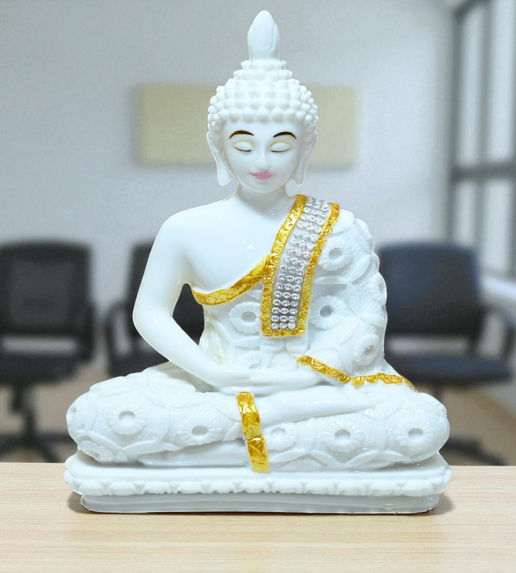 Sigaram 9 Inch White Marble Buddha Idol with White Stone Shalya For For Home Decoretive Showpiece K4766