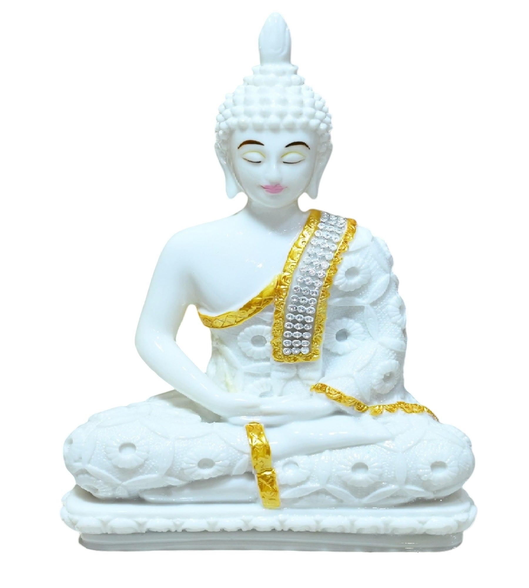 Sigaram 9 Inch White Marble Buddha Idol with White Stone Shalya For For Home Decoretive Showpiece K4766