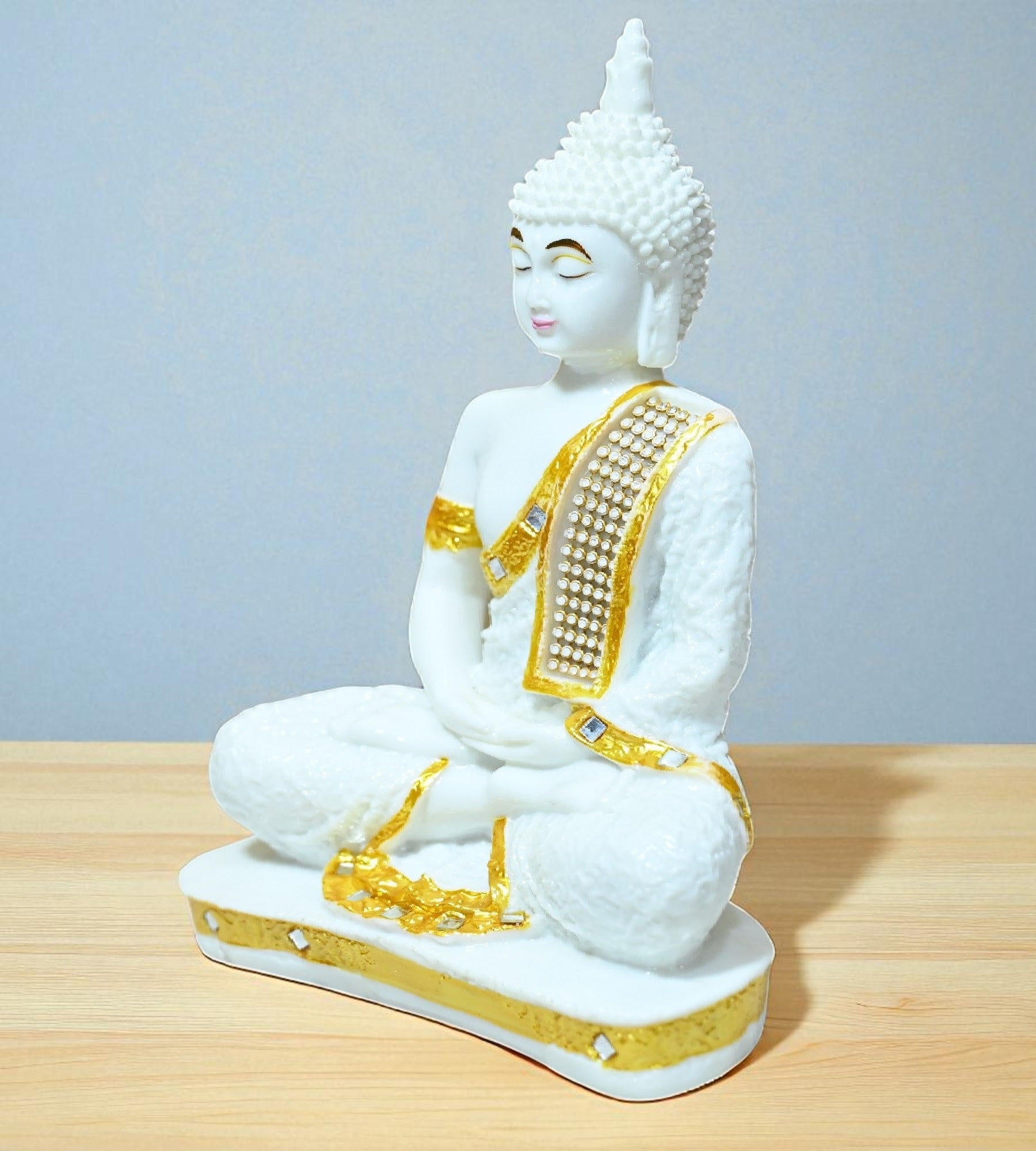 Sigaram 9 Inch White Marble Buddha Idol with Gold Stone Shalya For For Home Decoretive Showpiece K4767