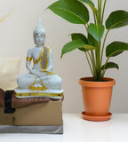 Sigaram 9 Inch White Marble Buddha Idol with Gold Stone Shalya For For Home Decoretive Showpiece K4767
