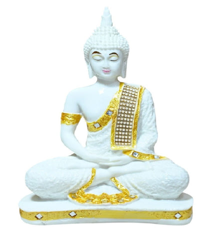 Sigaram 9 Inch White Marble Buddha Idol with Gold Stone Shalya For For Home Decoretive Showpiece K4767