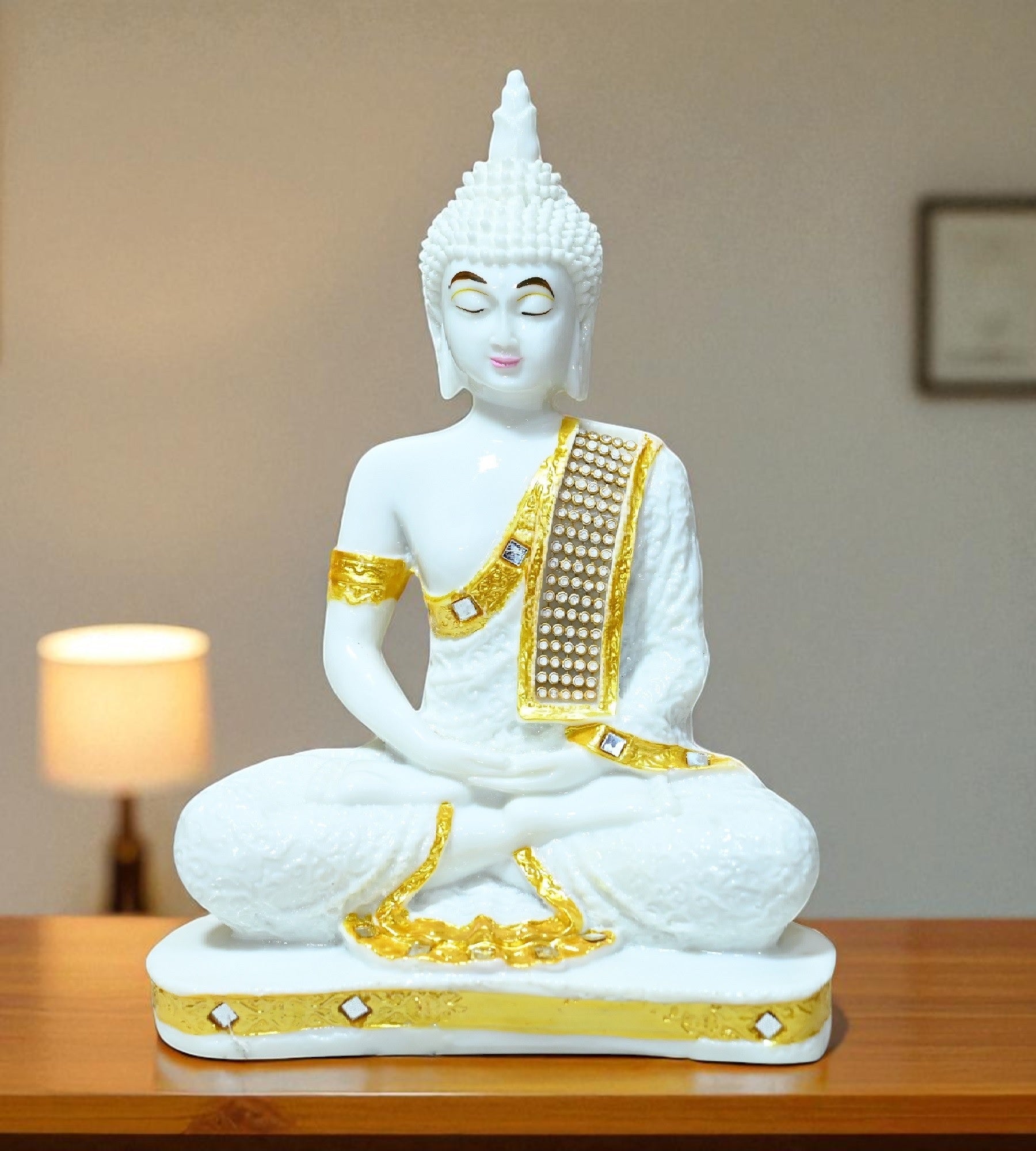 Sigaram 9 Inch White Marble Buddha Idol with Gold Stone Shalya For For Home Decoretive Showpiece K4767