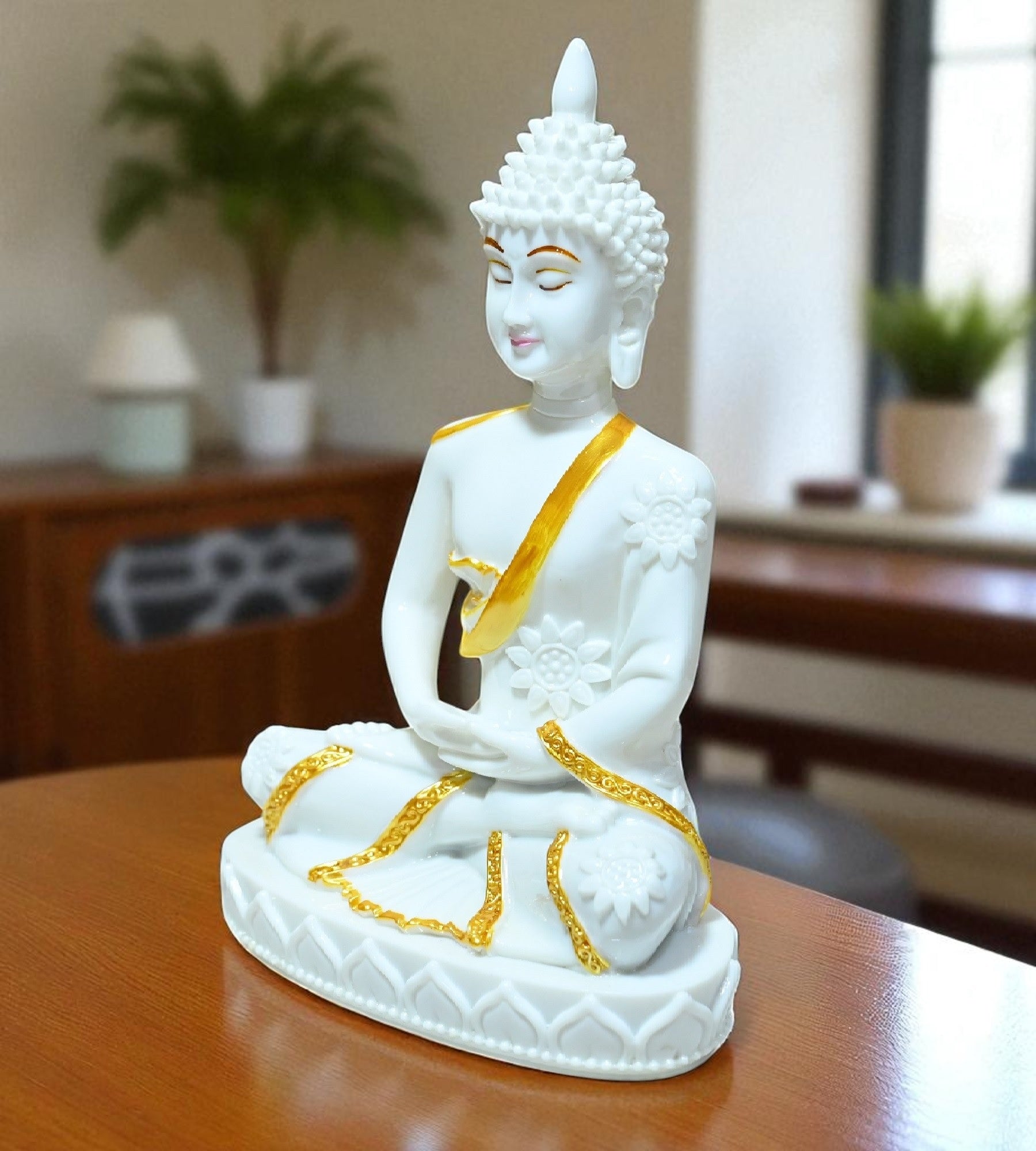 Sigaram 10.5 Inch White Marble Buddha Statue with Gold Plain Shalya For Home Decoretive Showpiece K4768