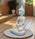 Sigaram 10.5 Inch White Marble Buddha Statue with Gold Plain Shalya For Home Decoretive Showpiece K4768