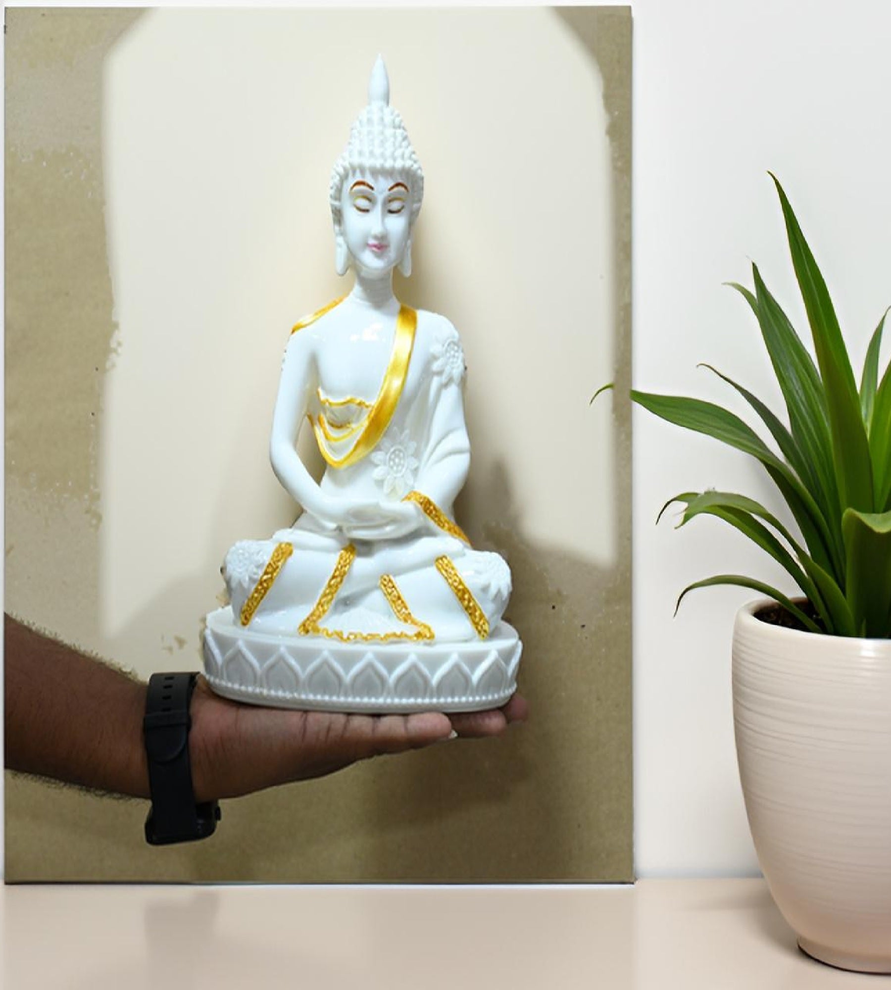 Sigaram 10.5 Inch White Marble Buddha Statue with Gold Plain Shalya For Home Decoretive Showpiece K4768