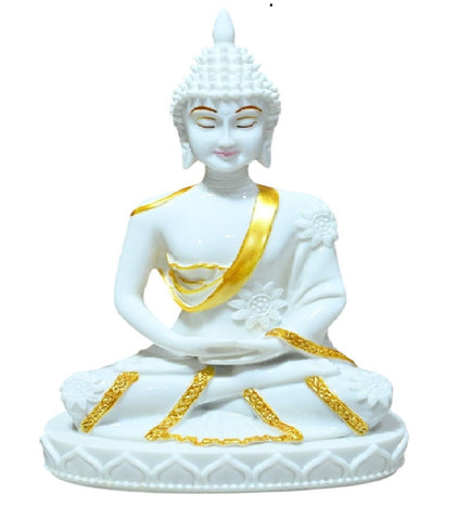 Sigaram 10.5 Inch White Marble Buddha Statue with Gold Plain Shalya For Home Decoretive Showpiece K4768