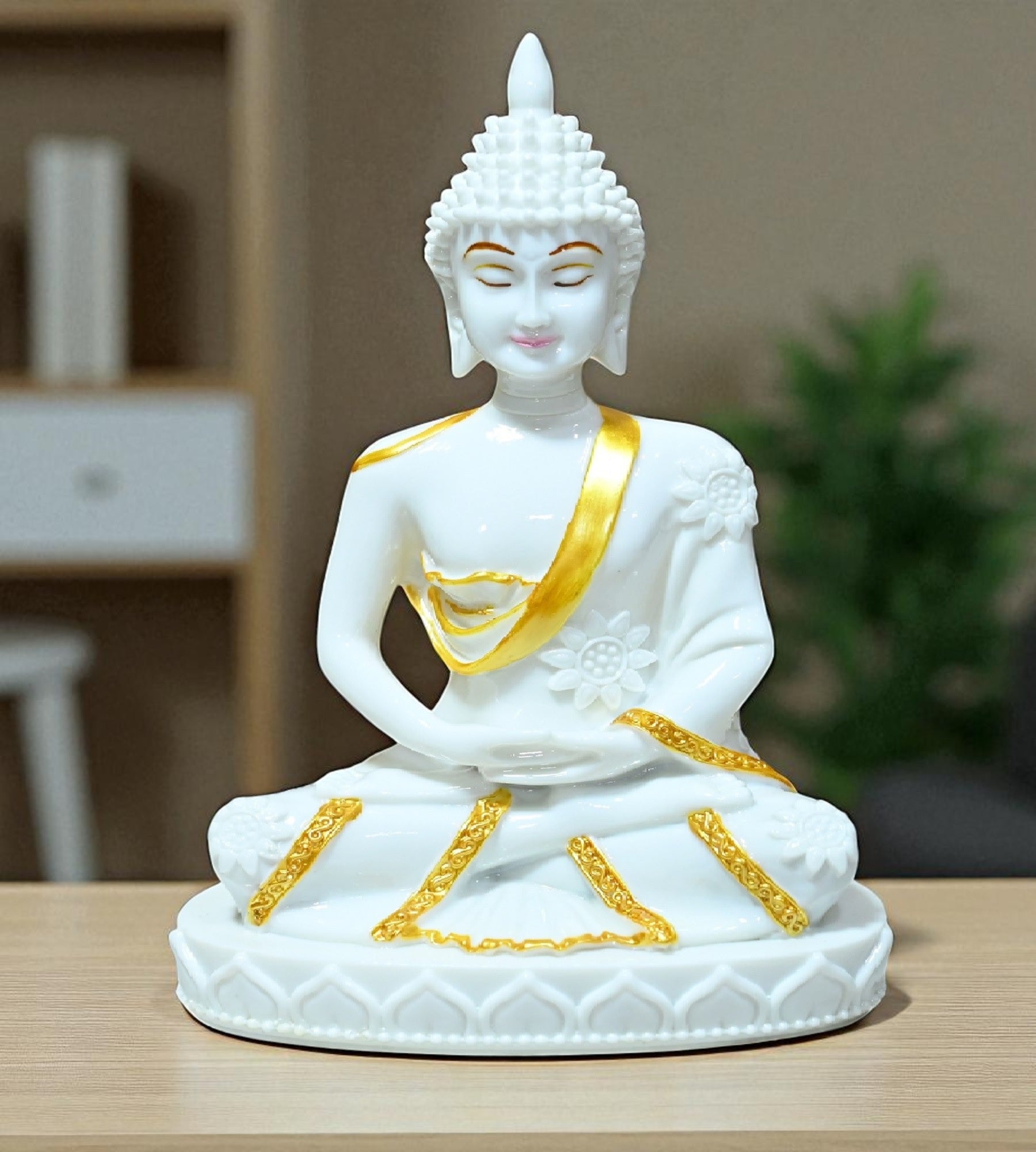 Sigaram 10.5 Inch White Marble Buddha Statue with Gold Plain Shalya For Home Decoretive Showpiece K4768