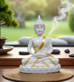 Sigaram 10.5 Inch White Marble Buddha Statue with Gold Plain Shalya For Home Decoretive Showpiece K4768